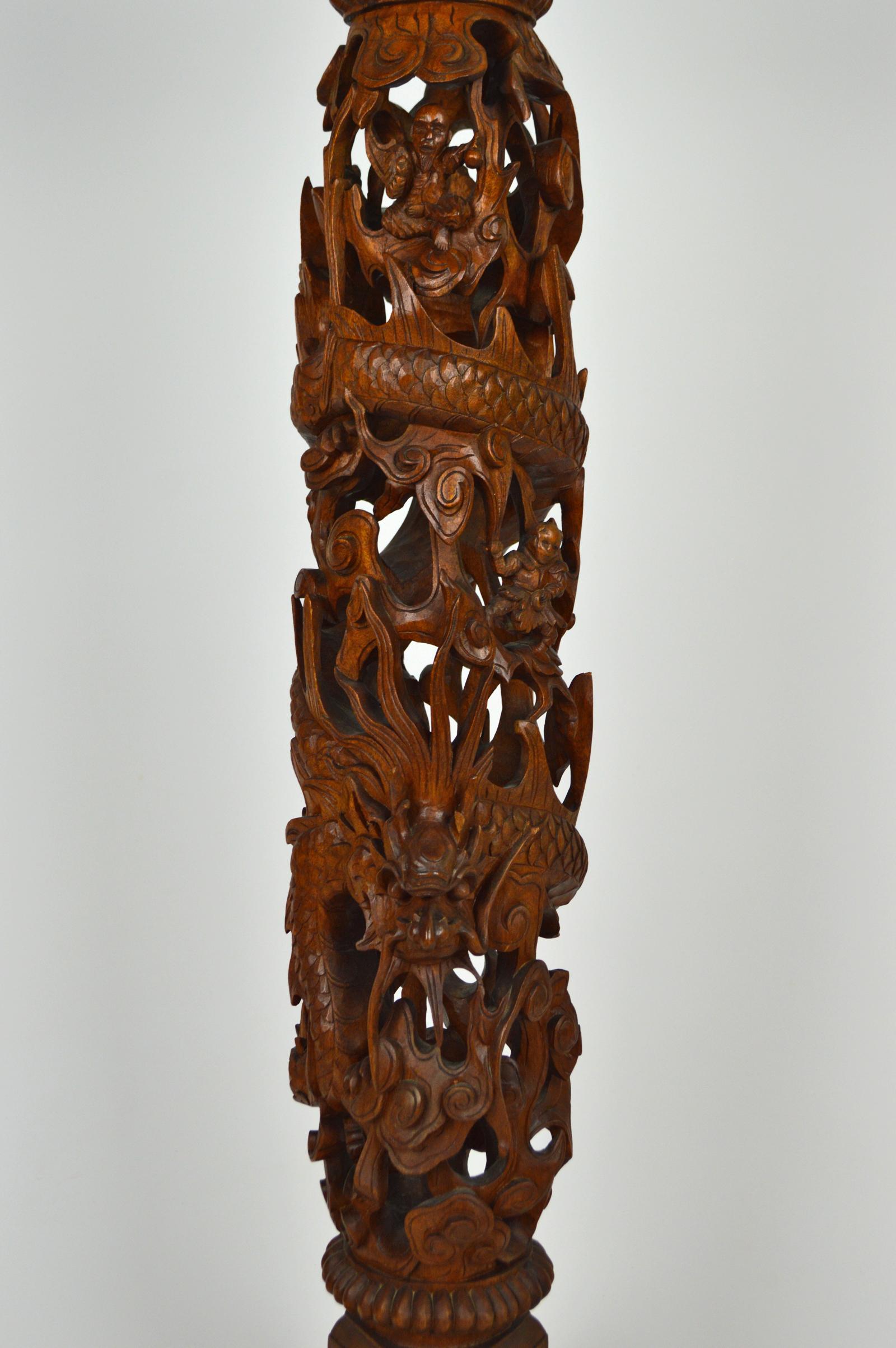 Vietnamese Indochinese Pedestal Table / Pot Stand in Carved Wood, Mythological Theme, 1890s For Sale