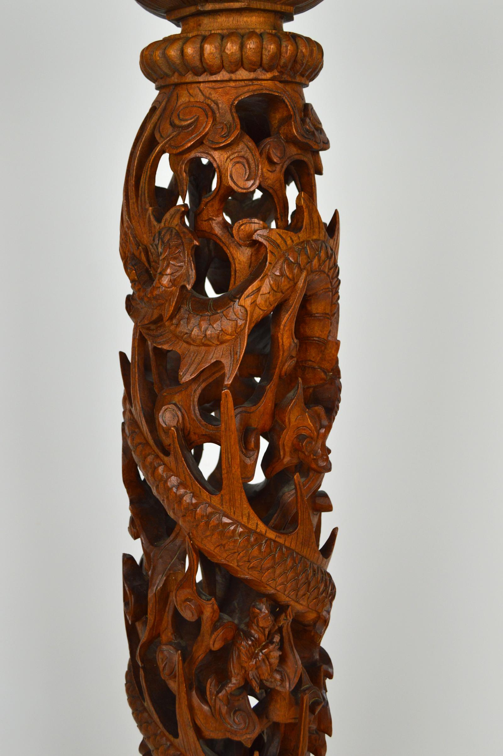 Late 19th Century Indochinese Pedestal Table / Pot Stand in Carved Wood, Mythological Theme, 1890s For Sale