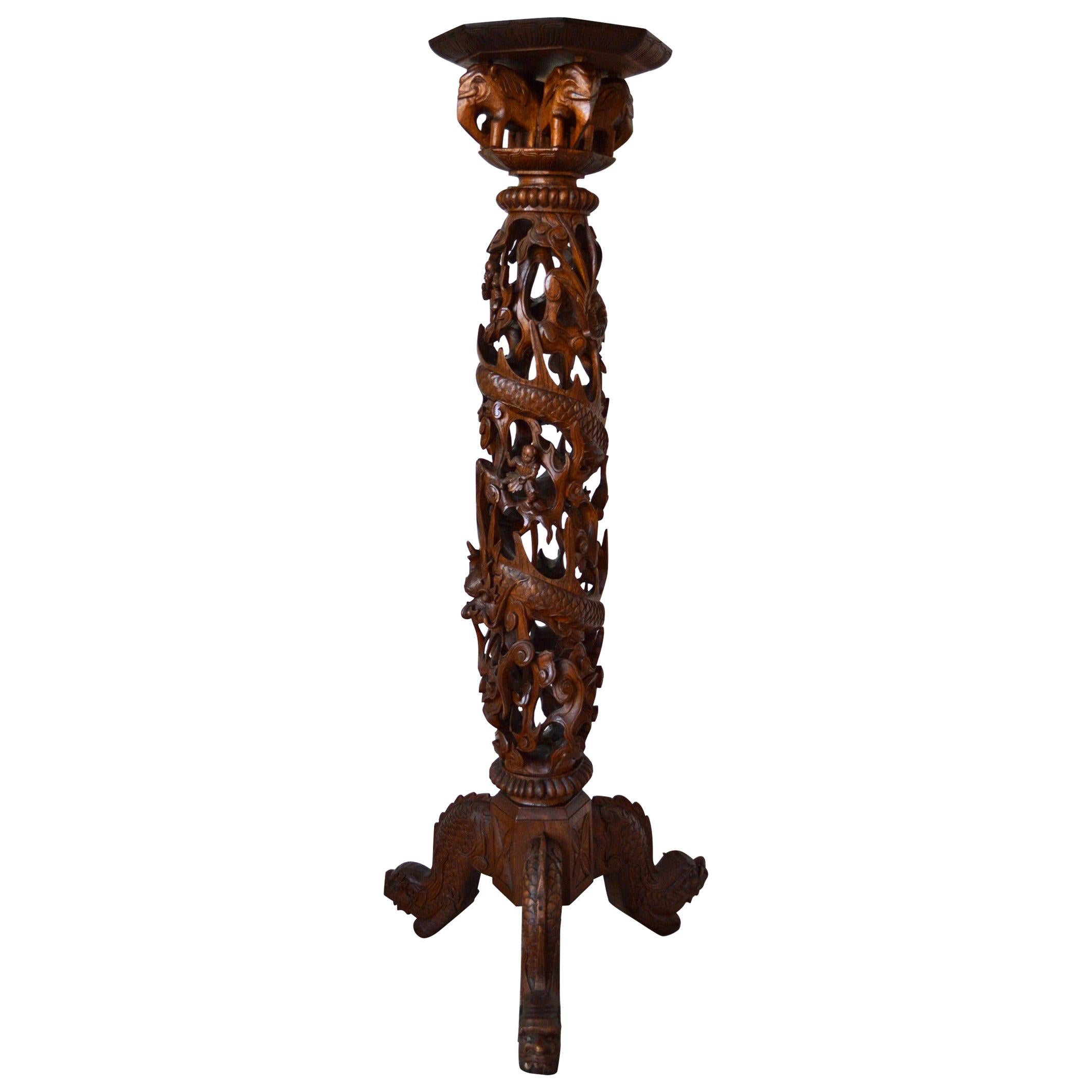 Indochinese Pedestal Table / Pot Stand in Carved Wood, Mythological Theme, 1890s For Sale