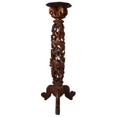 Indochinese Pedestal Table / Pot Stand in Carved Wood, Mythological Theme, 1890s