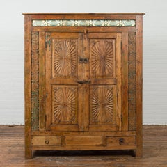 Indonesian 19th Century Cabinet with Sunburst Design and Blue & Yellow Enameled