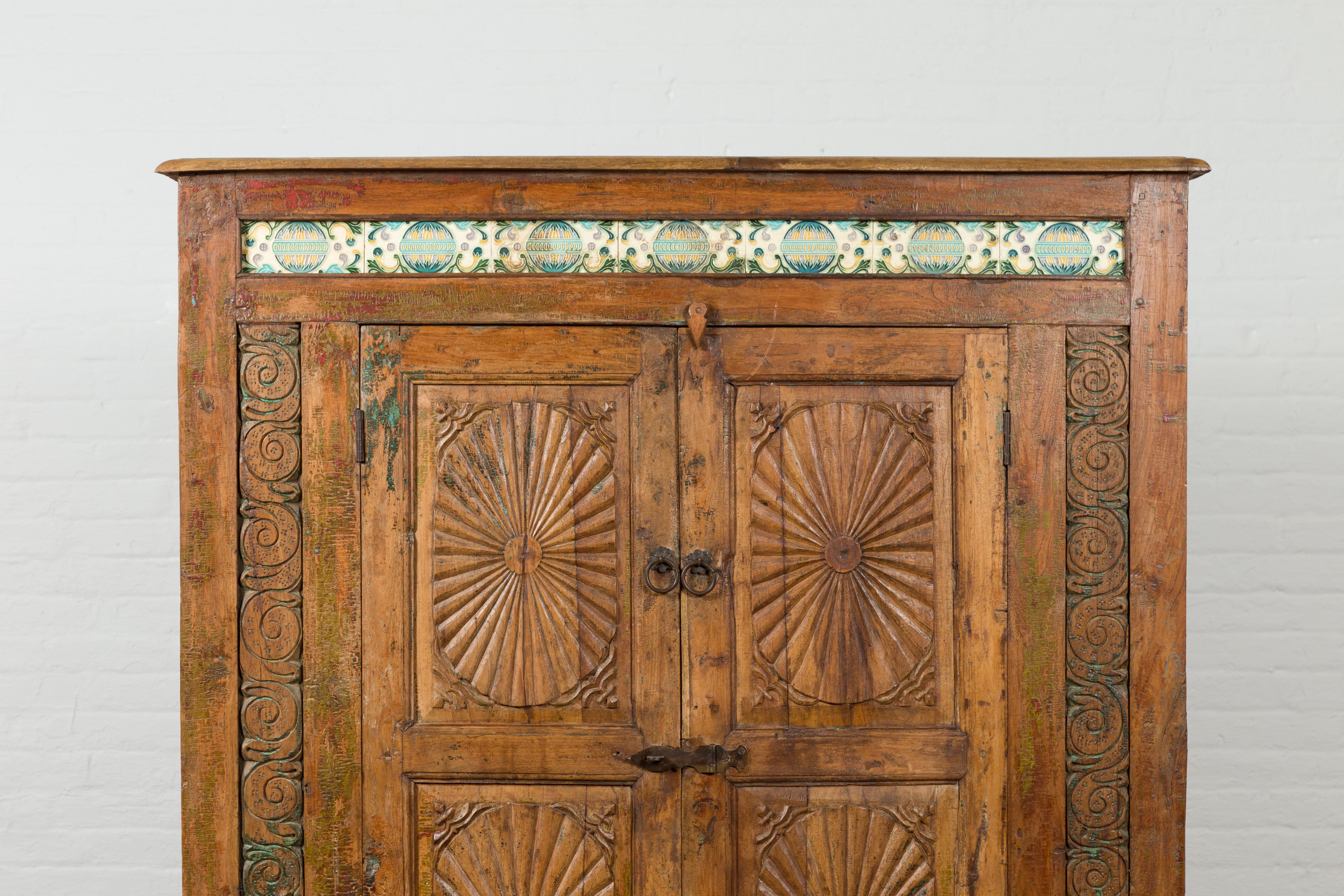 Wood Indonesian 19th Century Cabinet with Sunburst Design and Blue & Yellow Enameled  For Sale