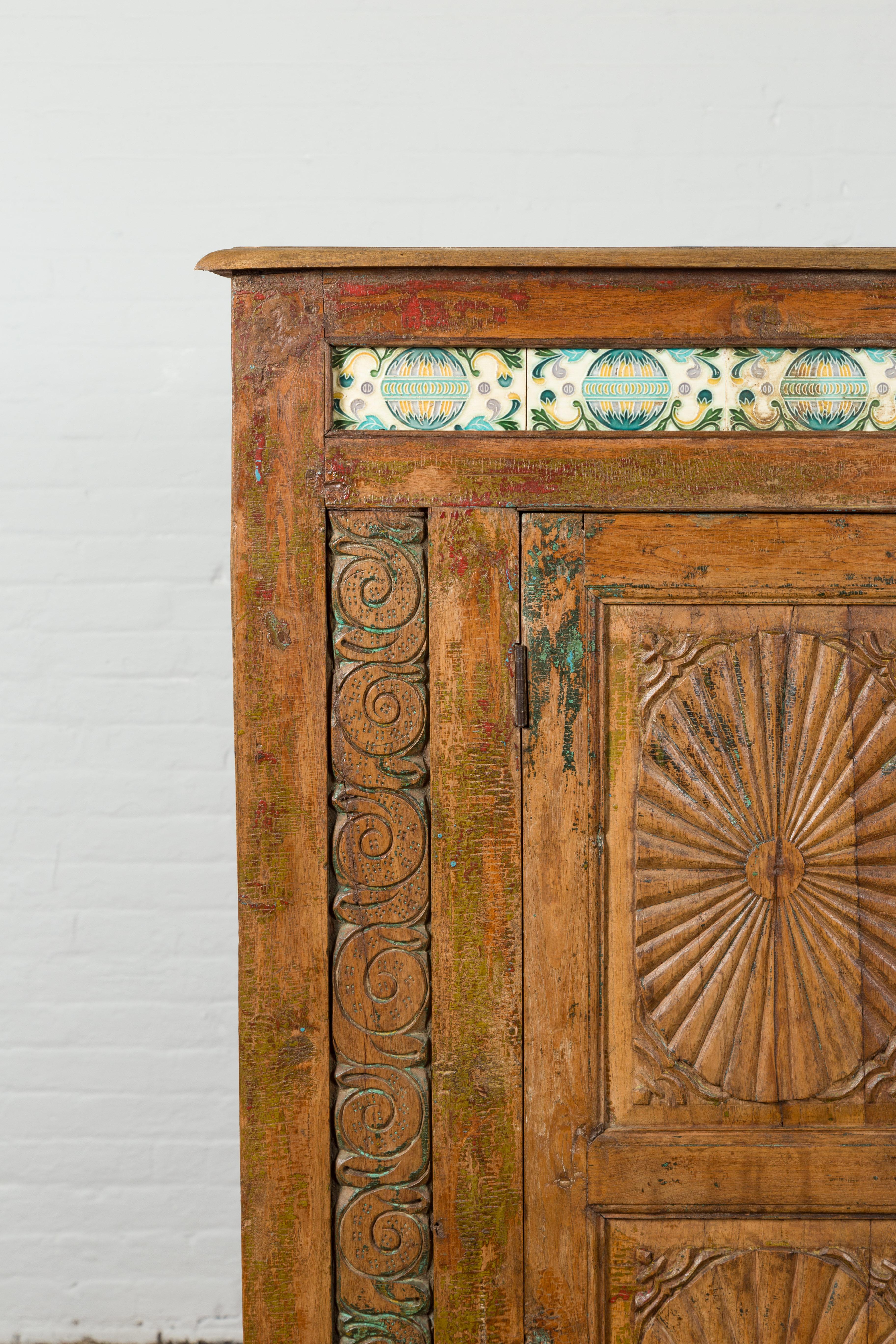 Indonesian 19th Century Cabinet with Sunburst Design and Blue & Yellow Enameled  For Sale 3