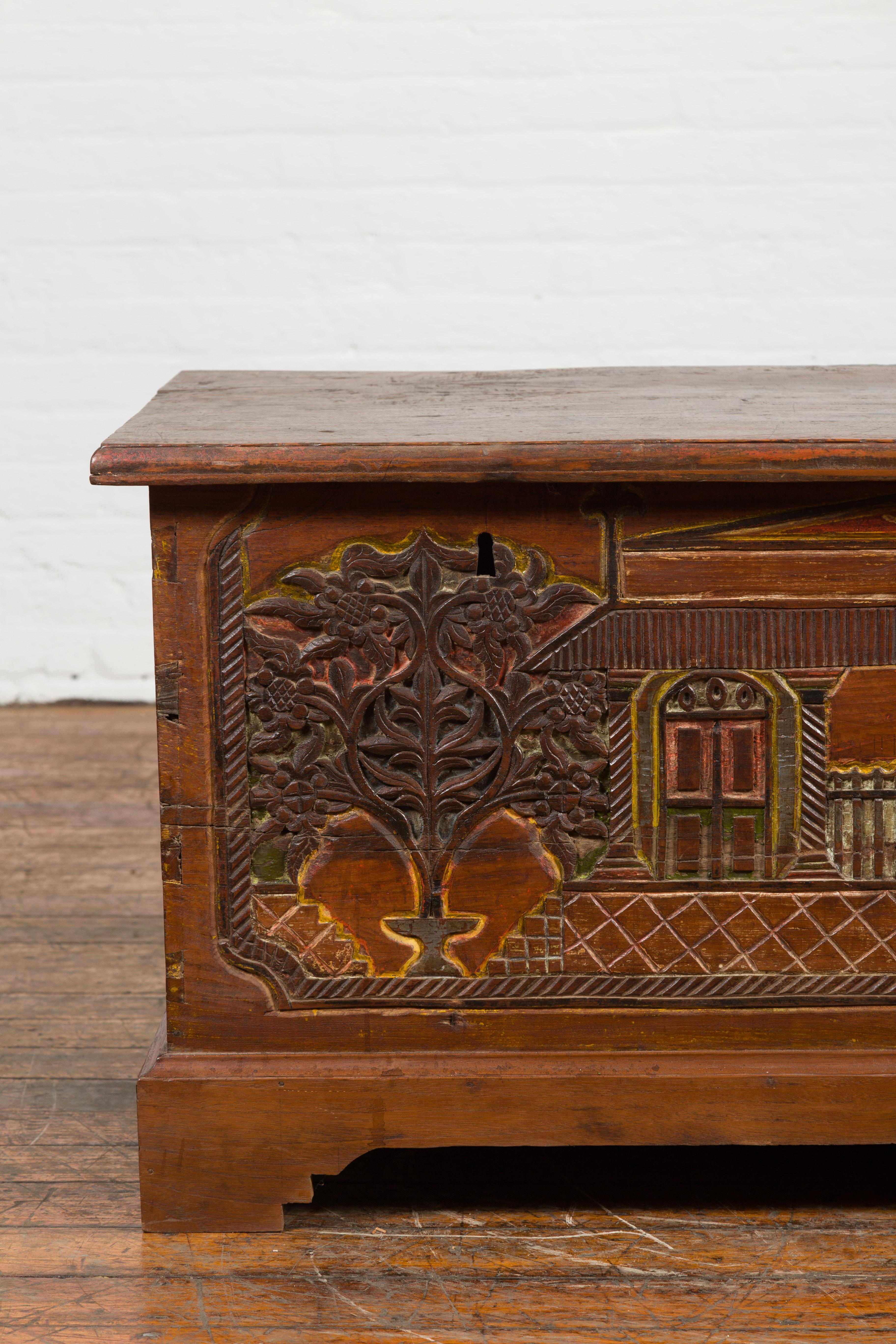 Indonesian 19th Century Carved and Painted Trunk with Architecture and Foliage For Sale 1