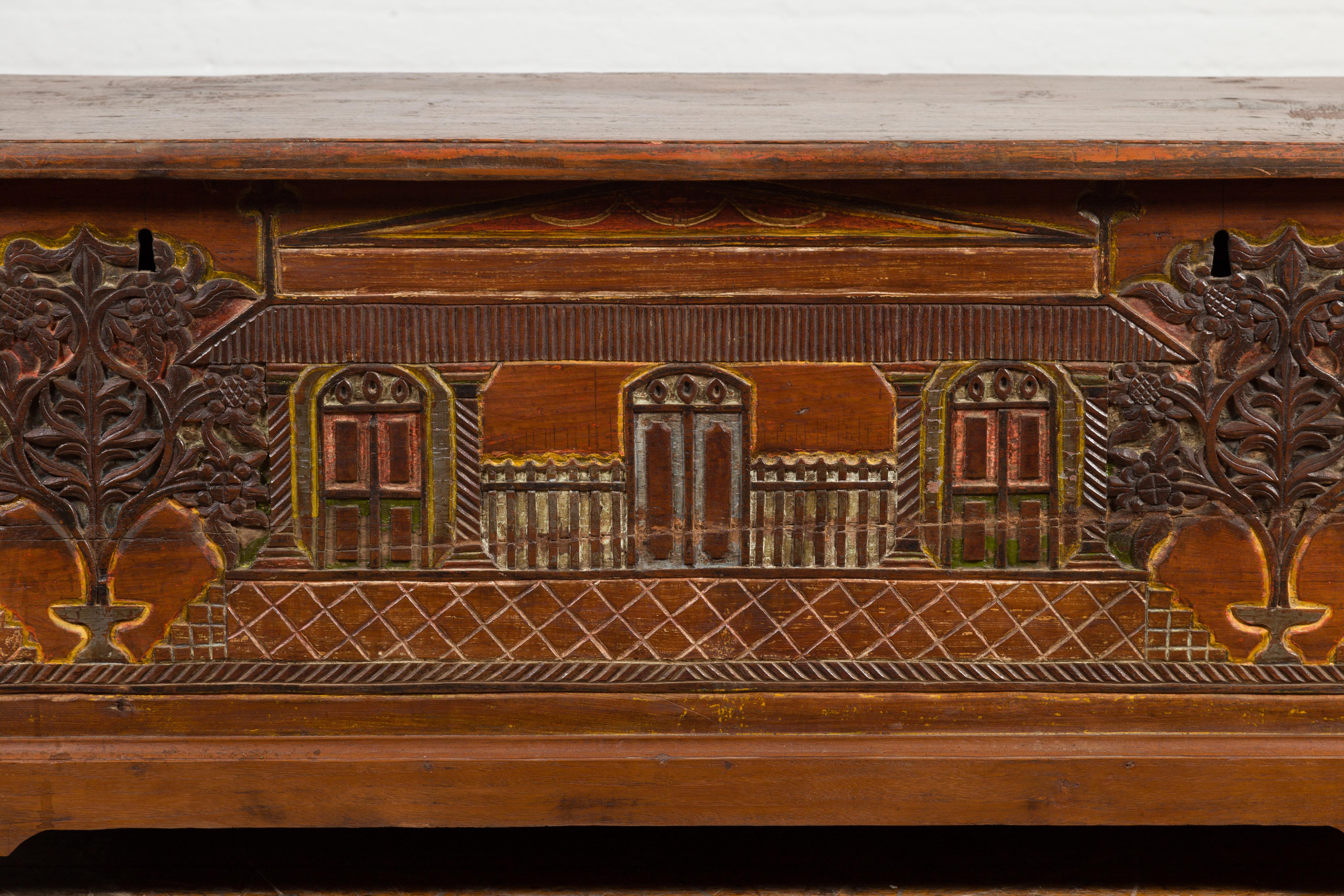 Indonesian 19th Century Carved and Painted Trunk with Architecture and Foliage For Sale 2
