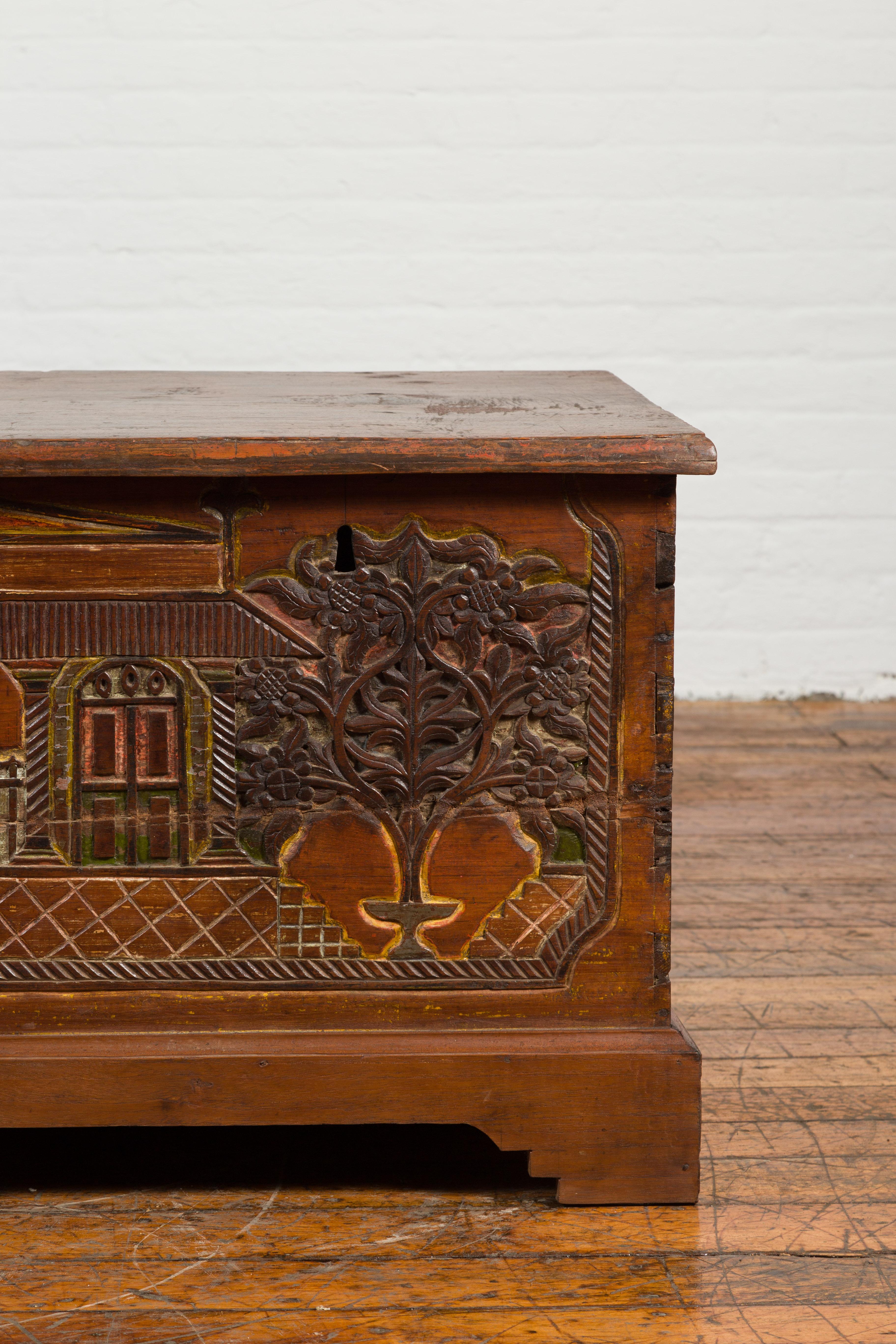 Indonesian 19th Century Carved and Painted Trunk with Architecture and Foliage For Sale 3