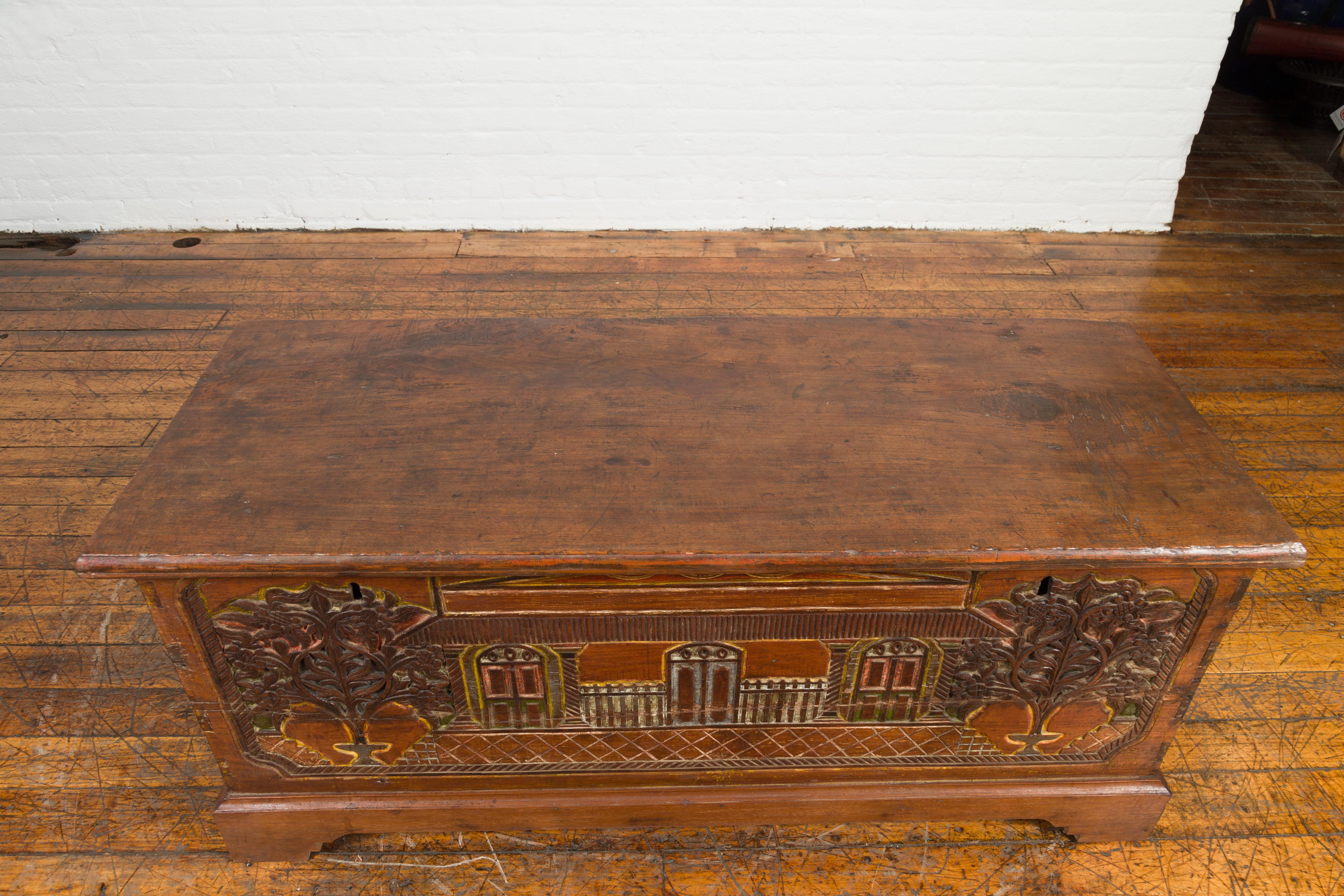 Indonesian 19th Century Carved and Painted Trunk with Architecture and Foliage For Sale 4