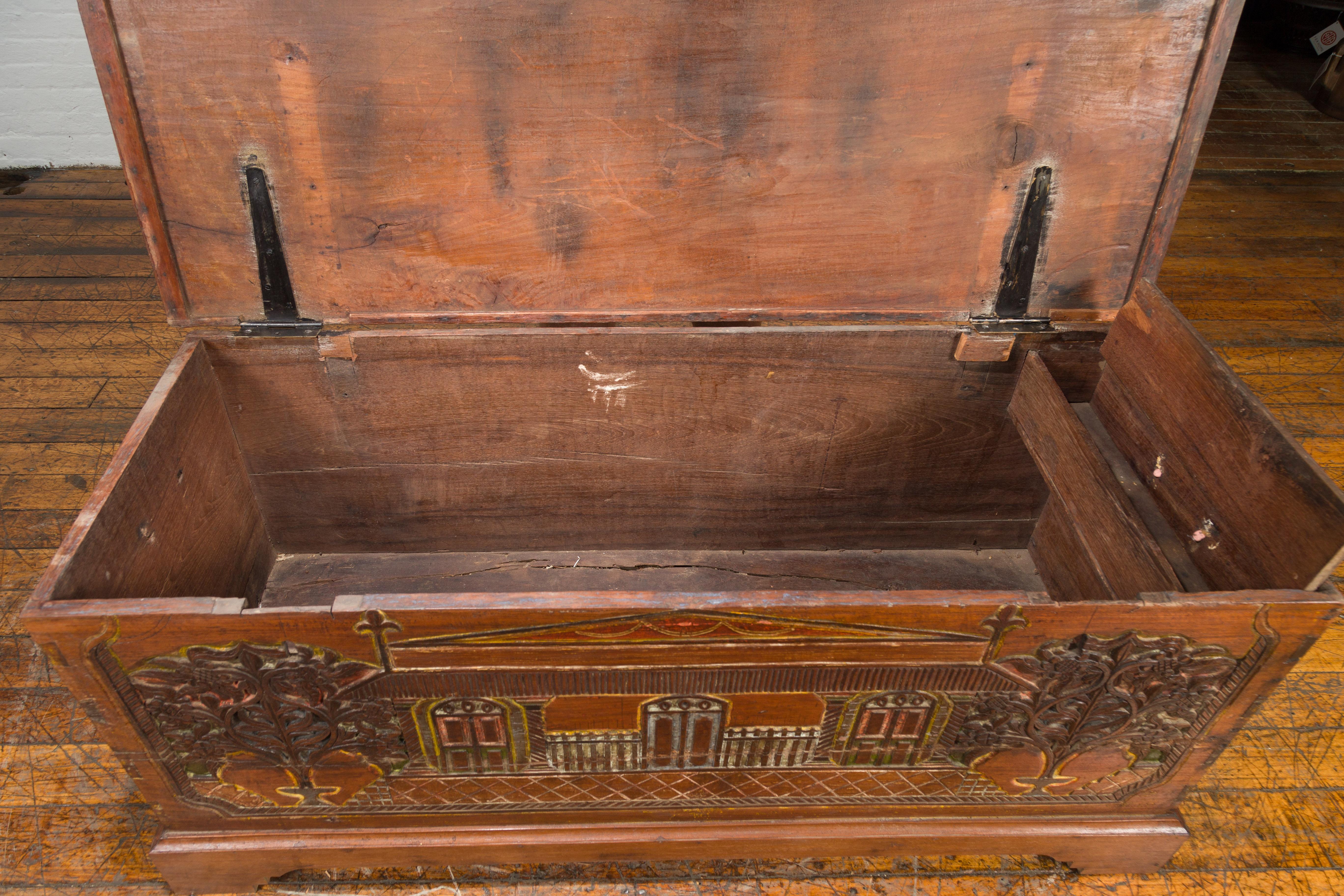 Indonesian 19th Century Carved and Painted Trunk with Architecture and Foliage For Sale 5