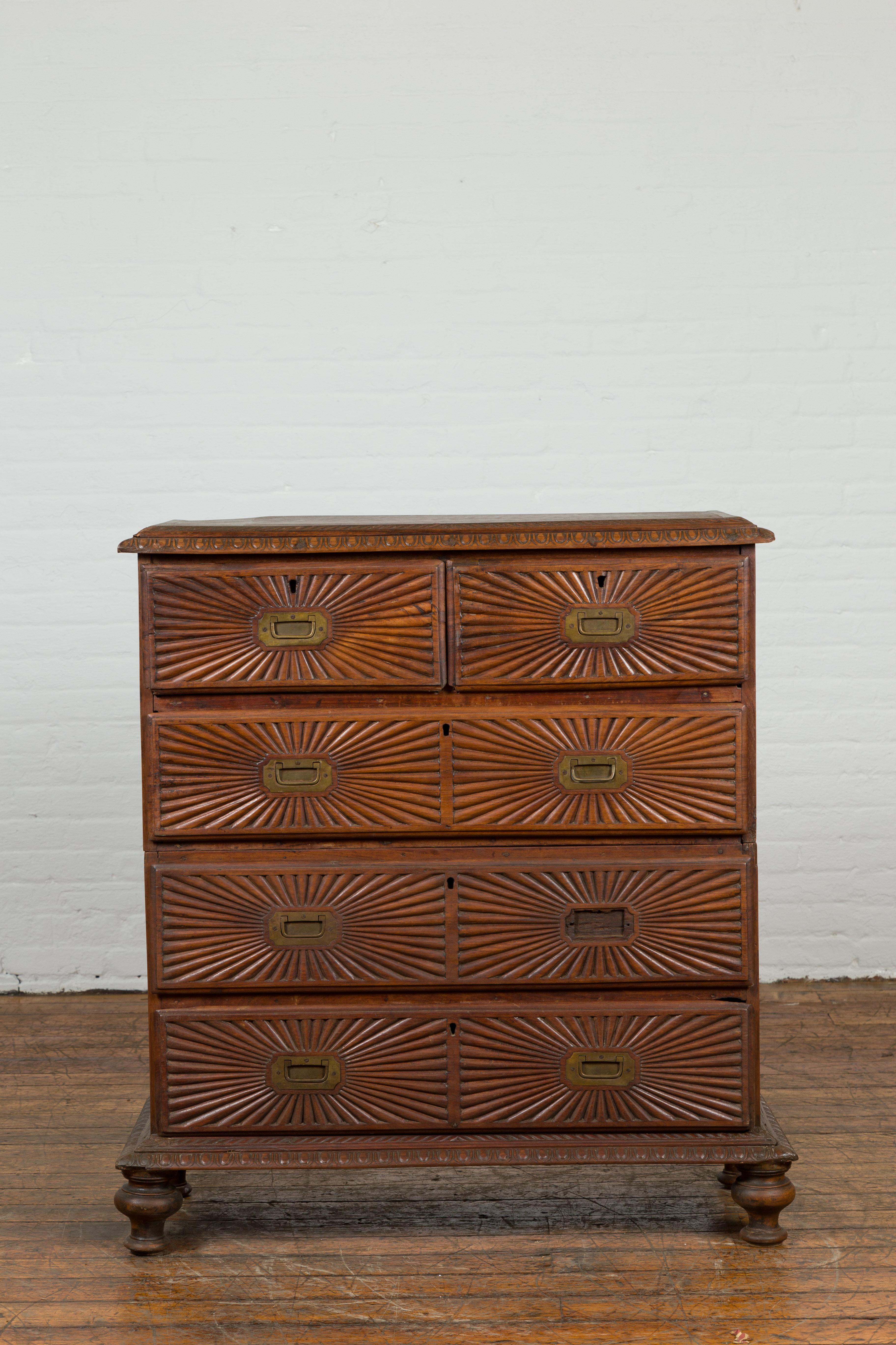 Indonesian 19th Century Five-Drawer Chest with Carved Sunburst and Ovoid Motifs In Good Condition In Yonkers, NY