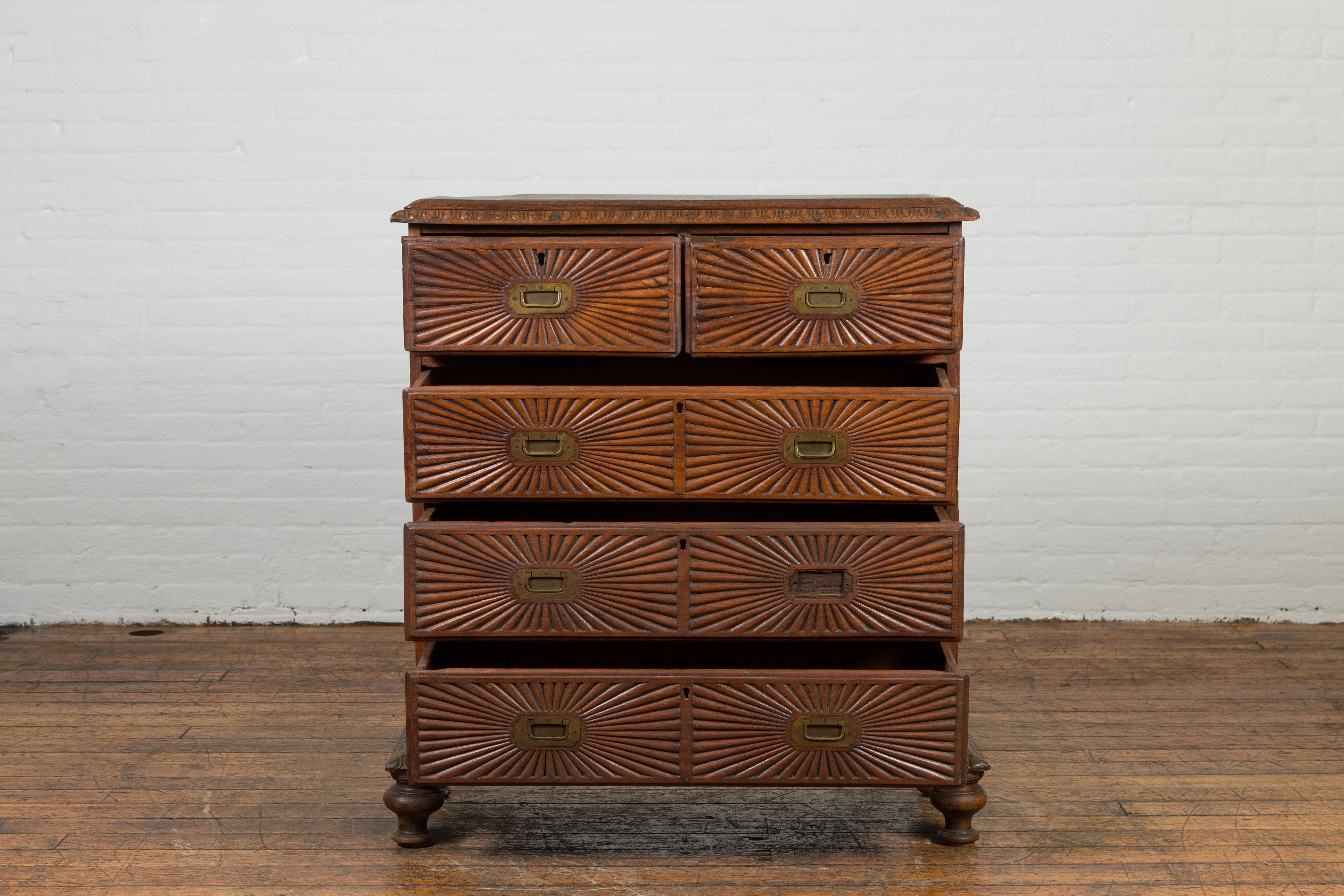 Wood Indonesian 19th Century Five-Drawer Chest with Carved Sunburst and Ovoid Motifs