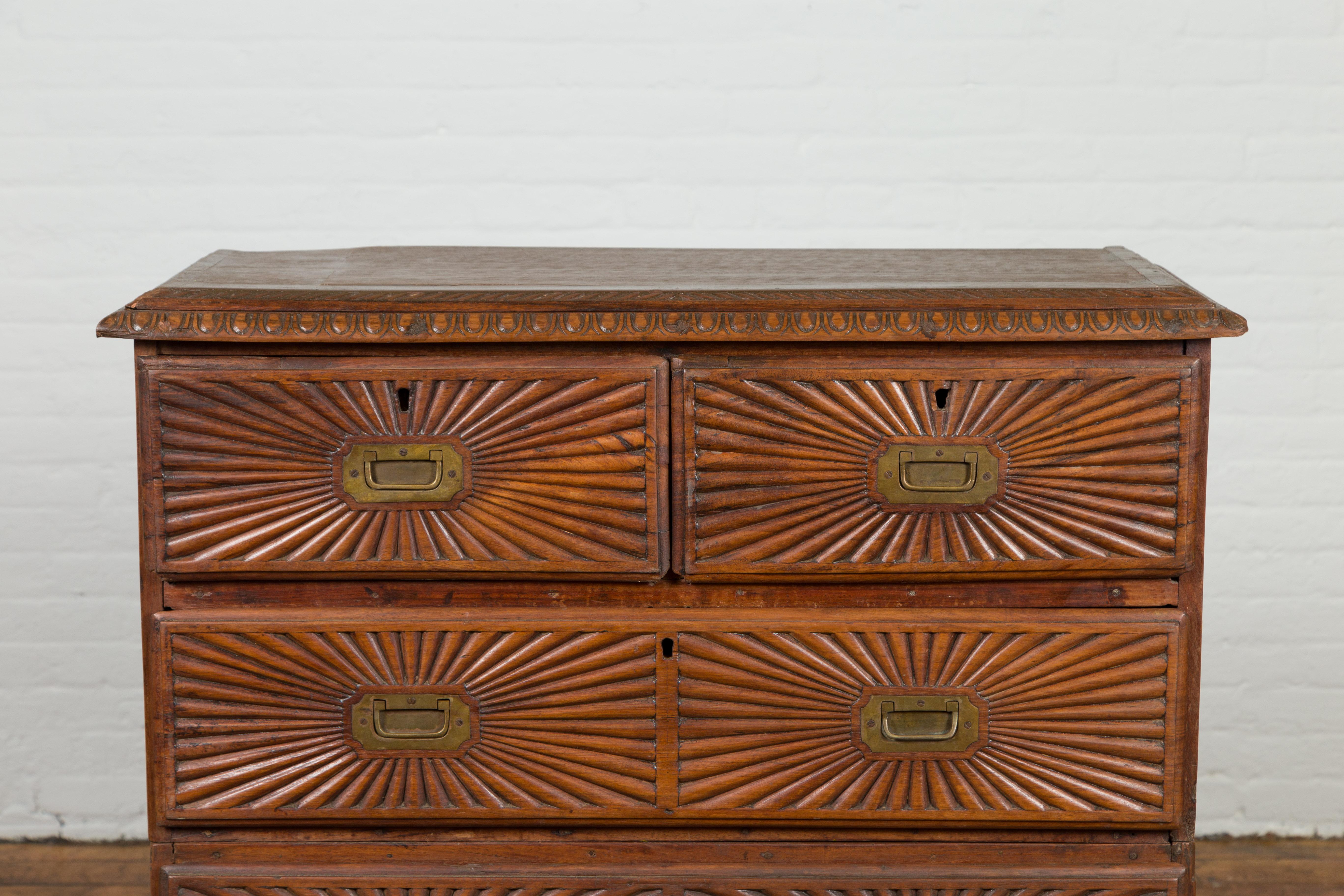 Indonesian 19th Century Five-Drawer Chest with Carved Sunburst and Ovoid Motifs 1