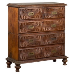 Indonesian 19th Century Five-Drawer Chest with Carved Sunburst and Ovoid Motifs