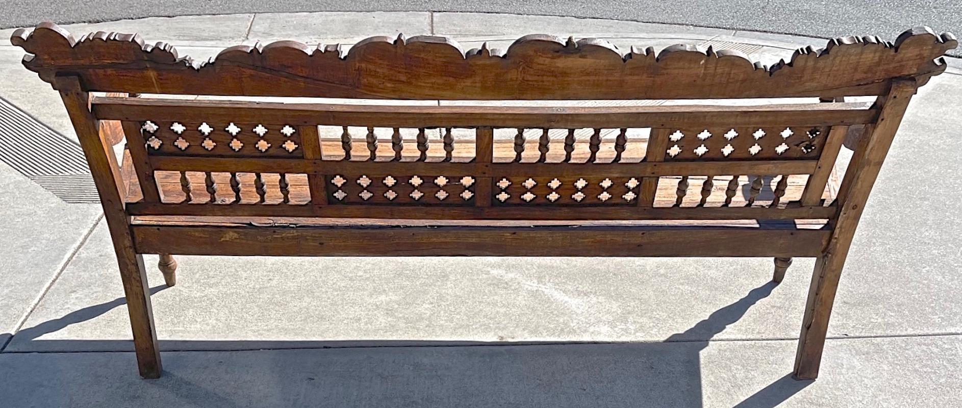 Indonesian 19th Century Hand Carved Teak Garden Bench with Two Side Arms 3