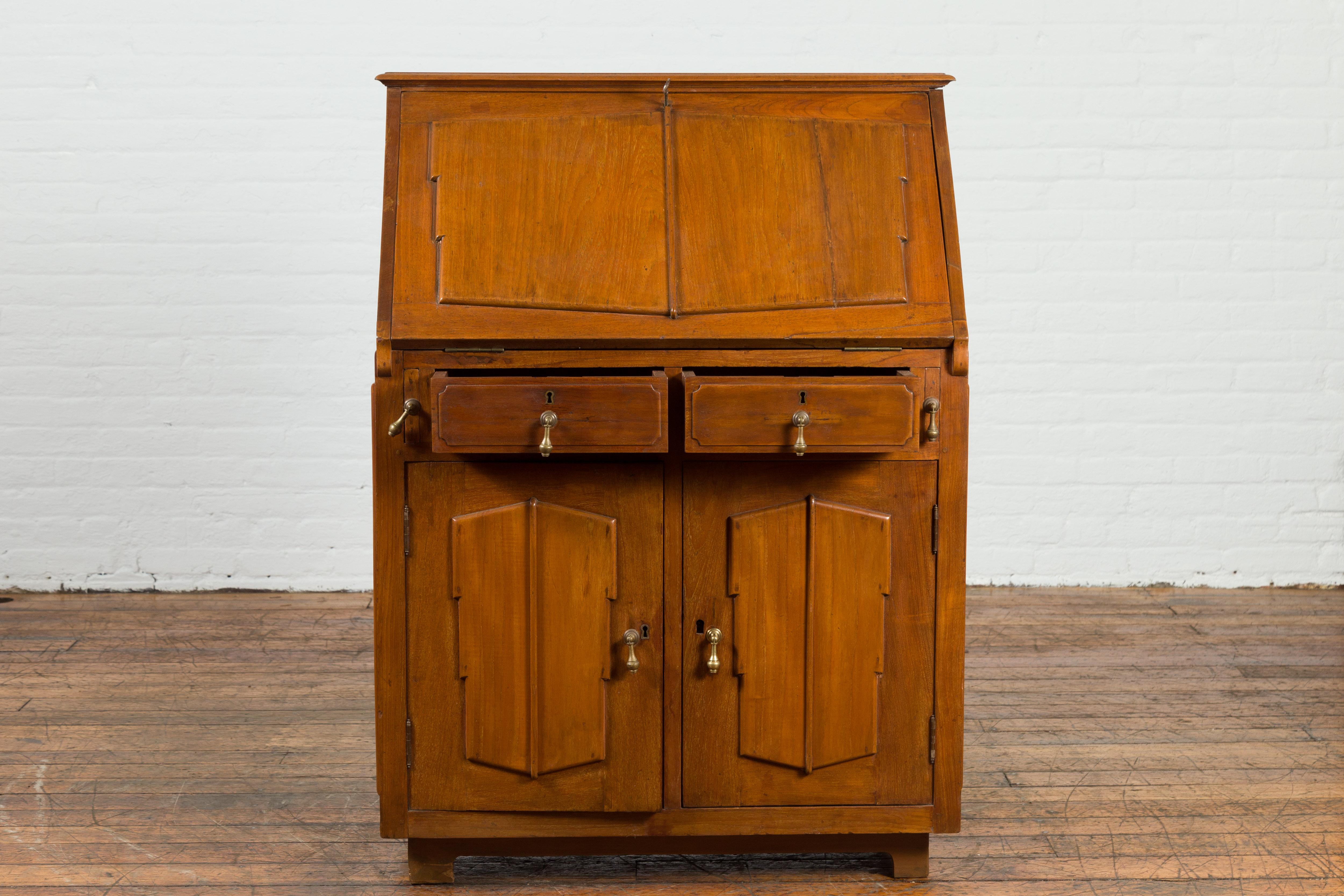 Indonesian 19th Century Handmade Slant-Front Desk with Raised Panels and Drawers For Sale 1