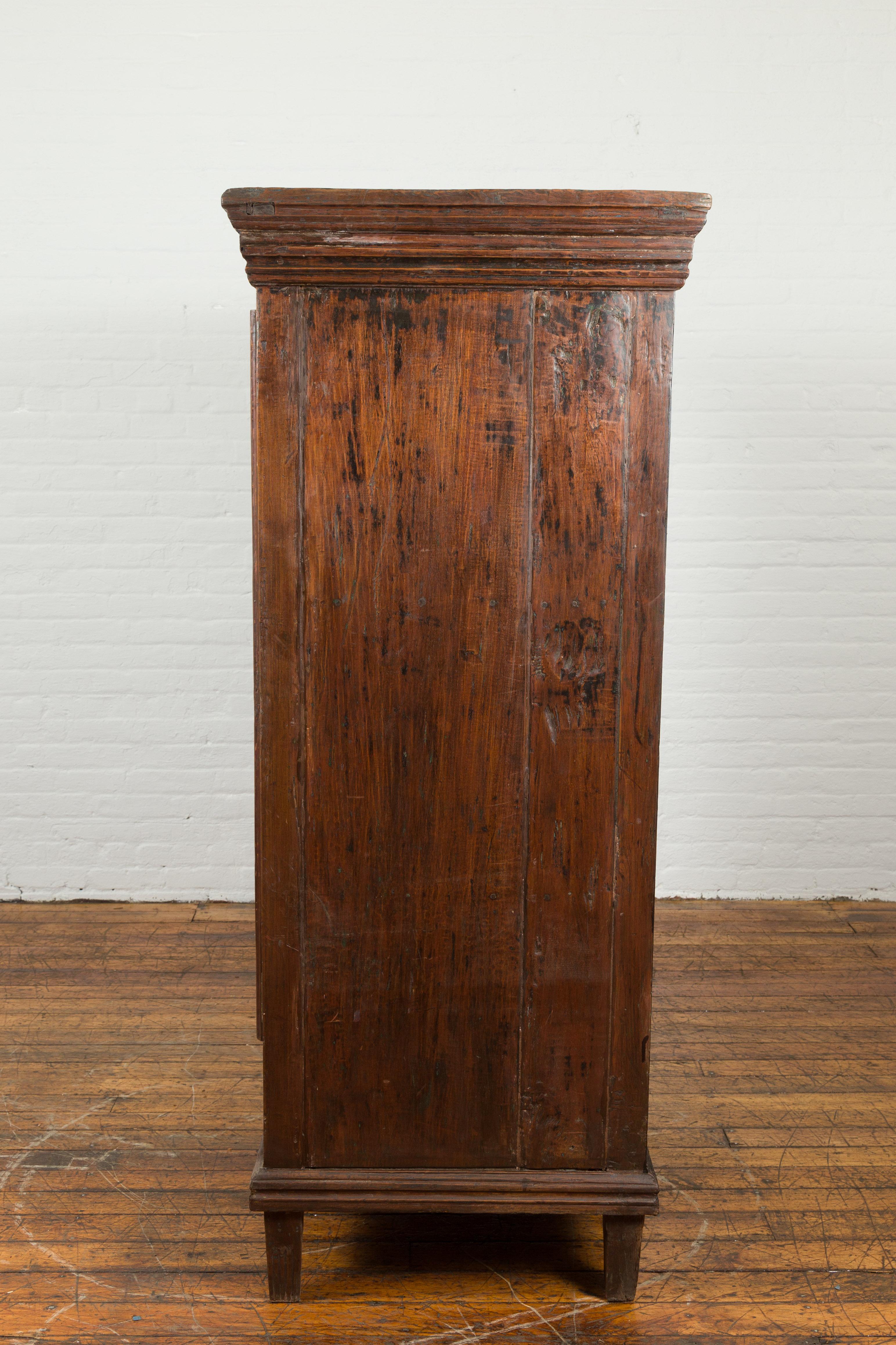 Carved 19th Century Teak Wood Cabinet with Diamond Motif Doors For Sale