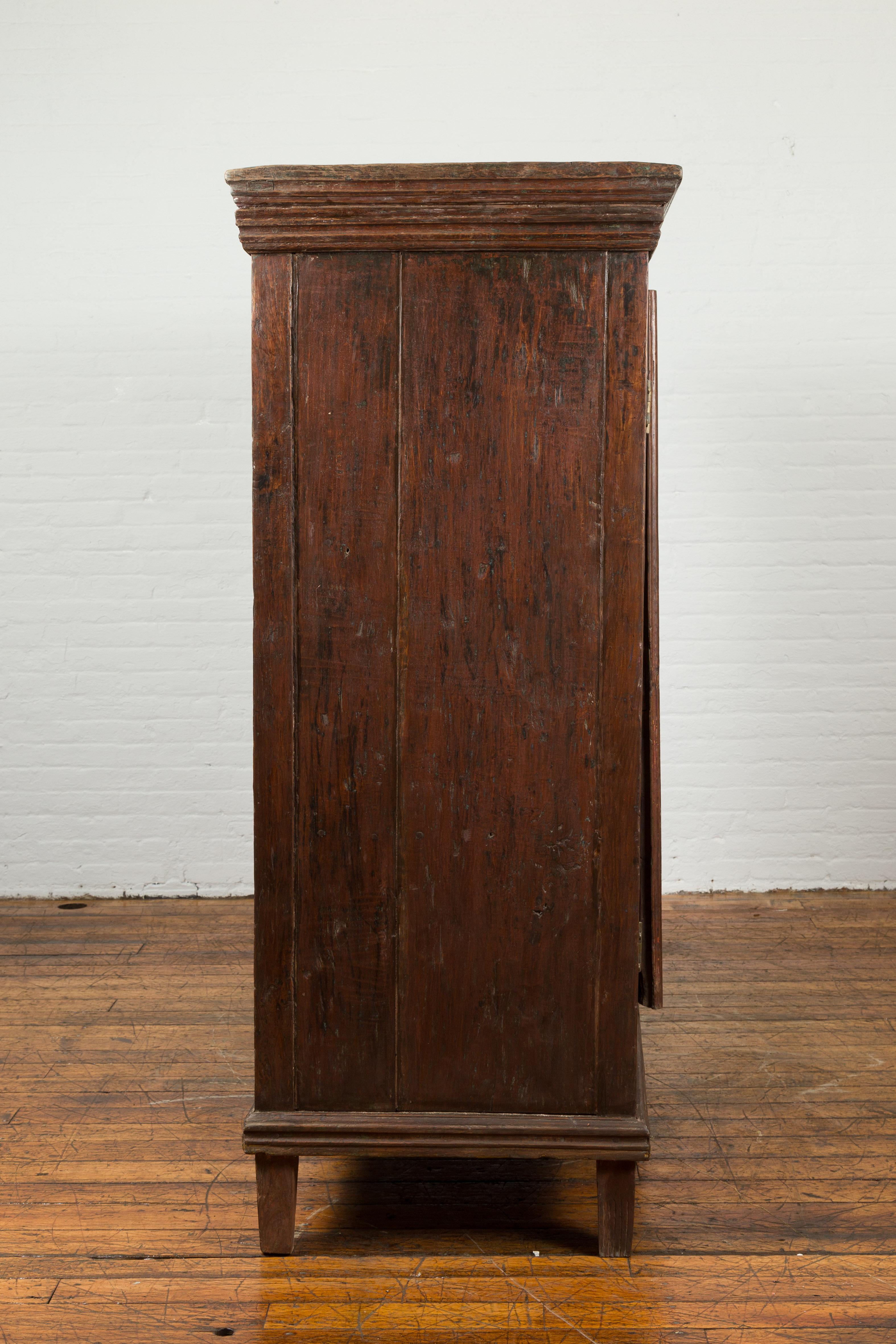 Brass 19th Century Teak Wood Cabinet with Diamond Motif Doors For Sale