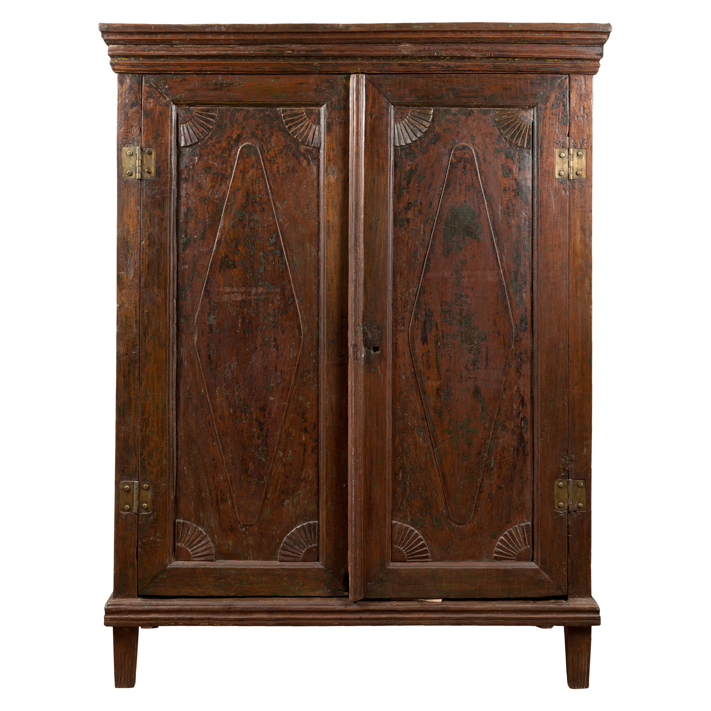 19th Century Teak Wood Cabinet with Diamond Motif Doors For Sale