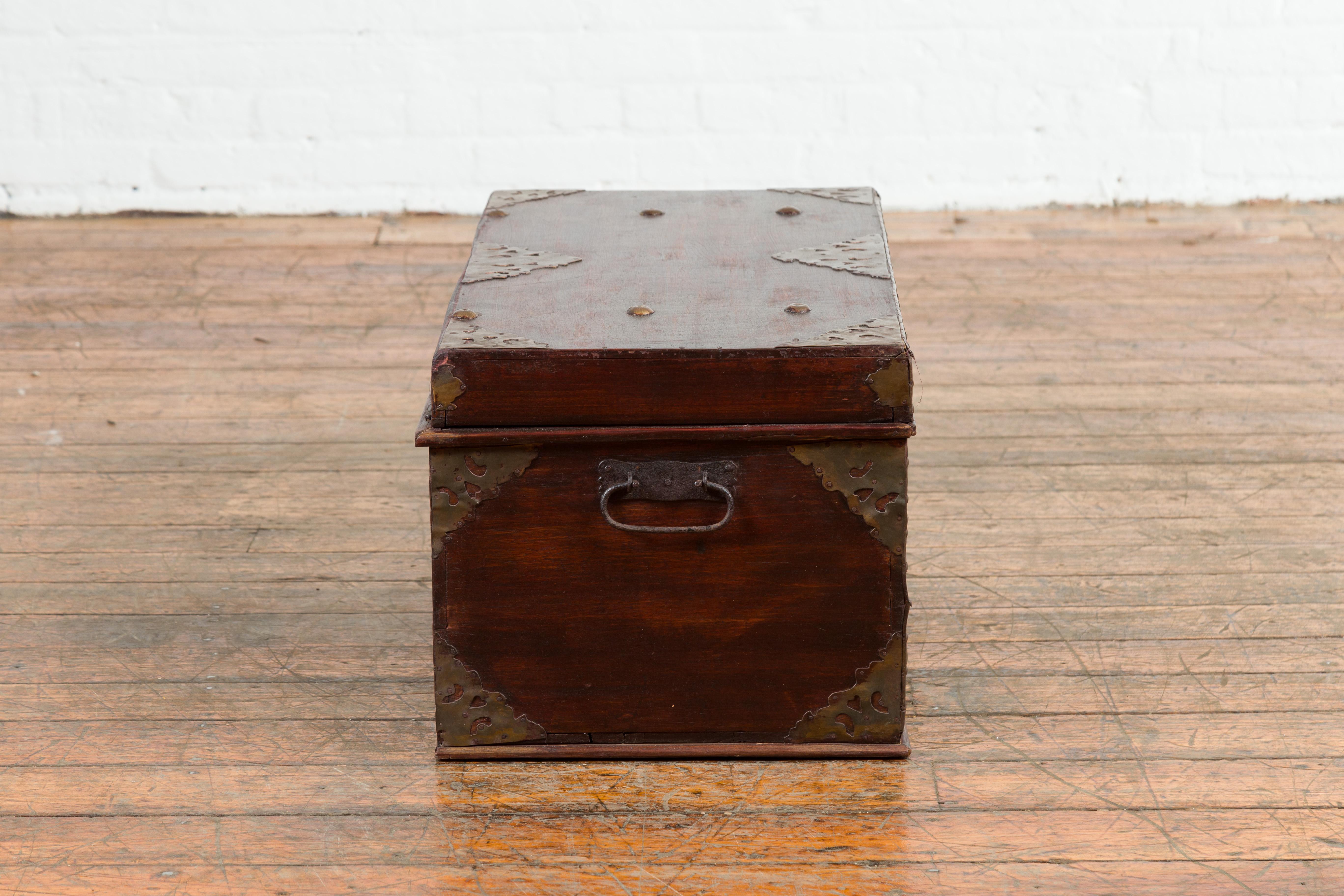 Indonesian 19th Century Wooden Blanket Chest with Detailed Brass Hardware For Sale 8