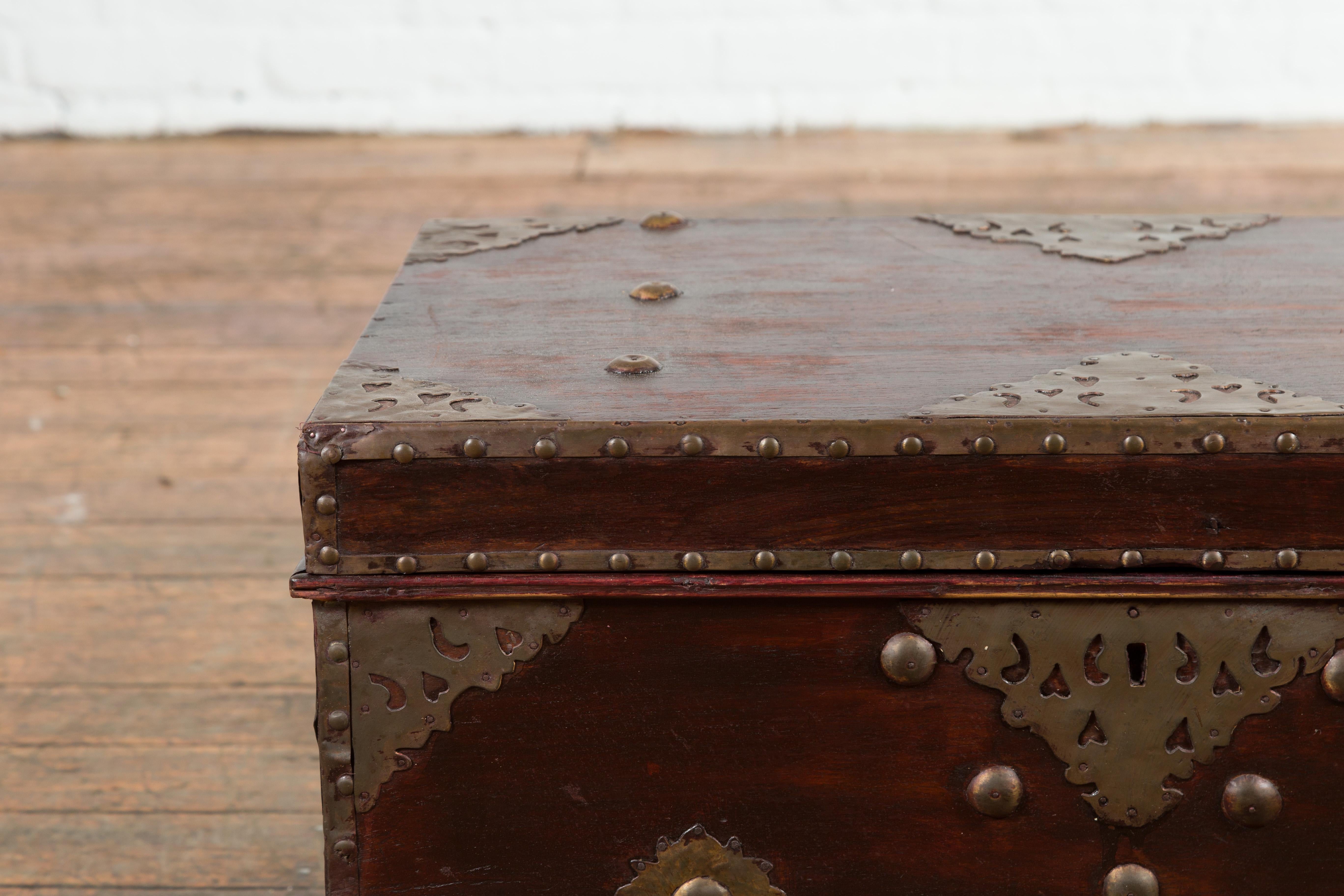 Indonesian 19th Century Wooden Blanket Chest with Detailed Brass Hardware For Sale 1