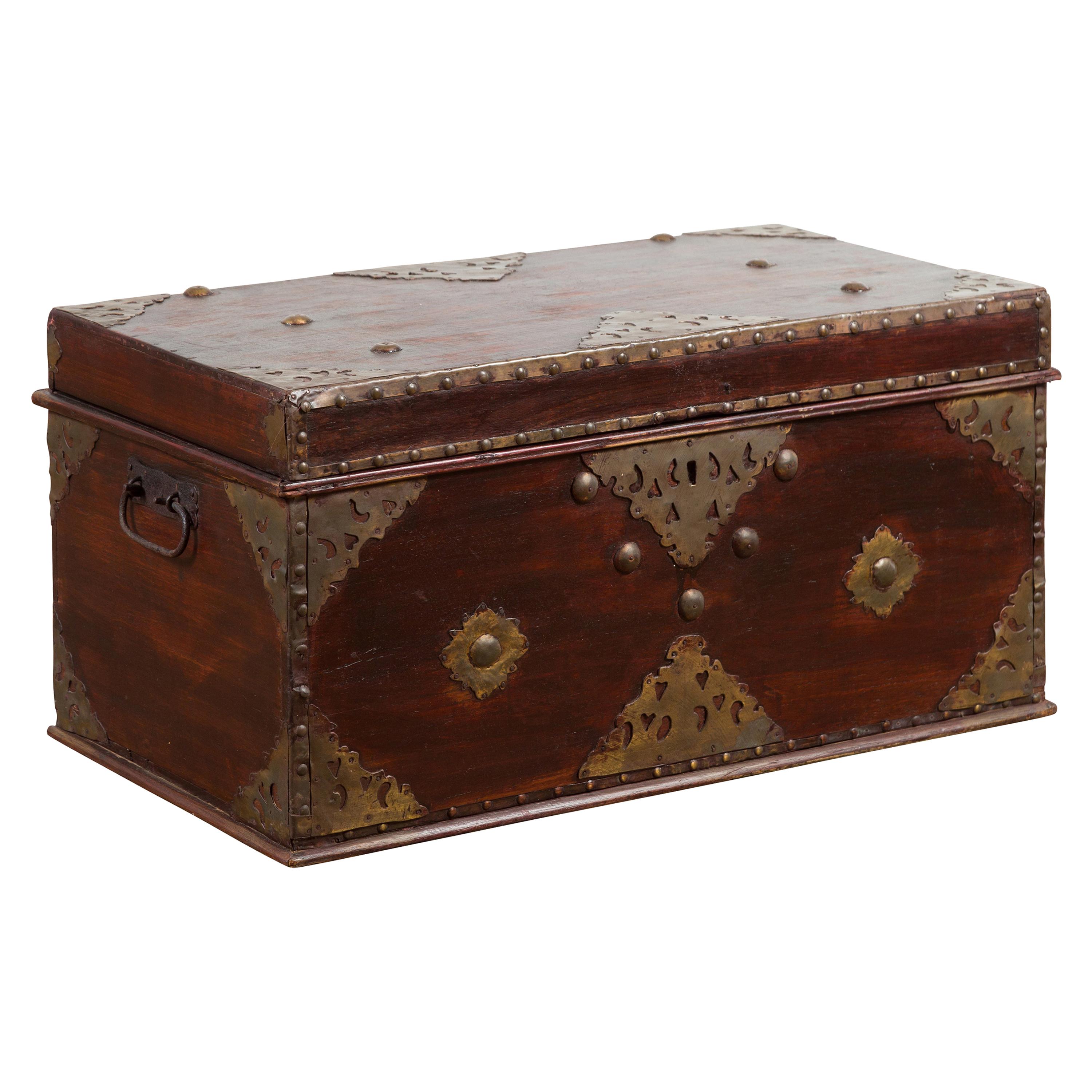 Indonesian 19th Century Wooden Blanket Chest with Detailed Brass Hardware For Sale