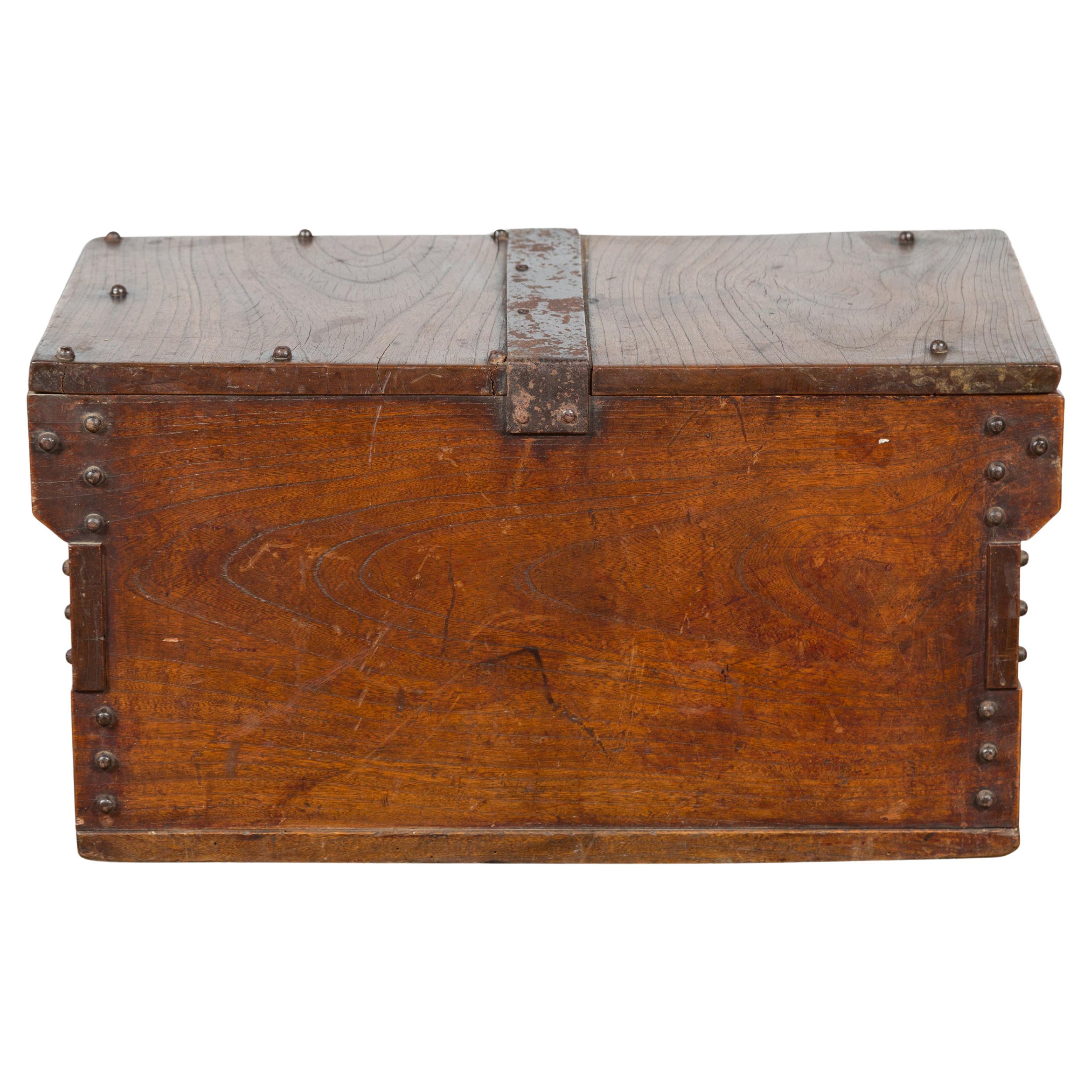 Indonesian 19th Century Wooden Trunk with Partially Removable Top and Iron Studs For Sale