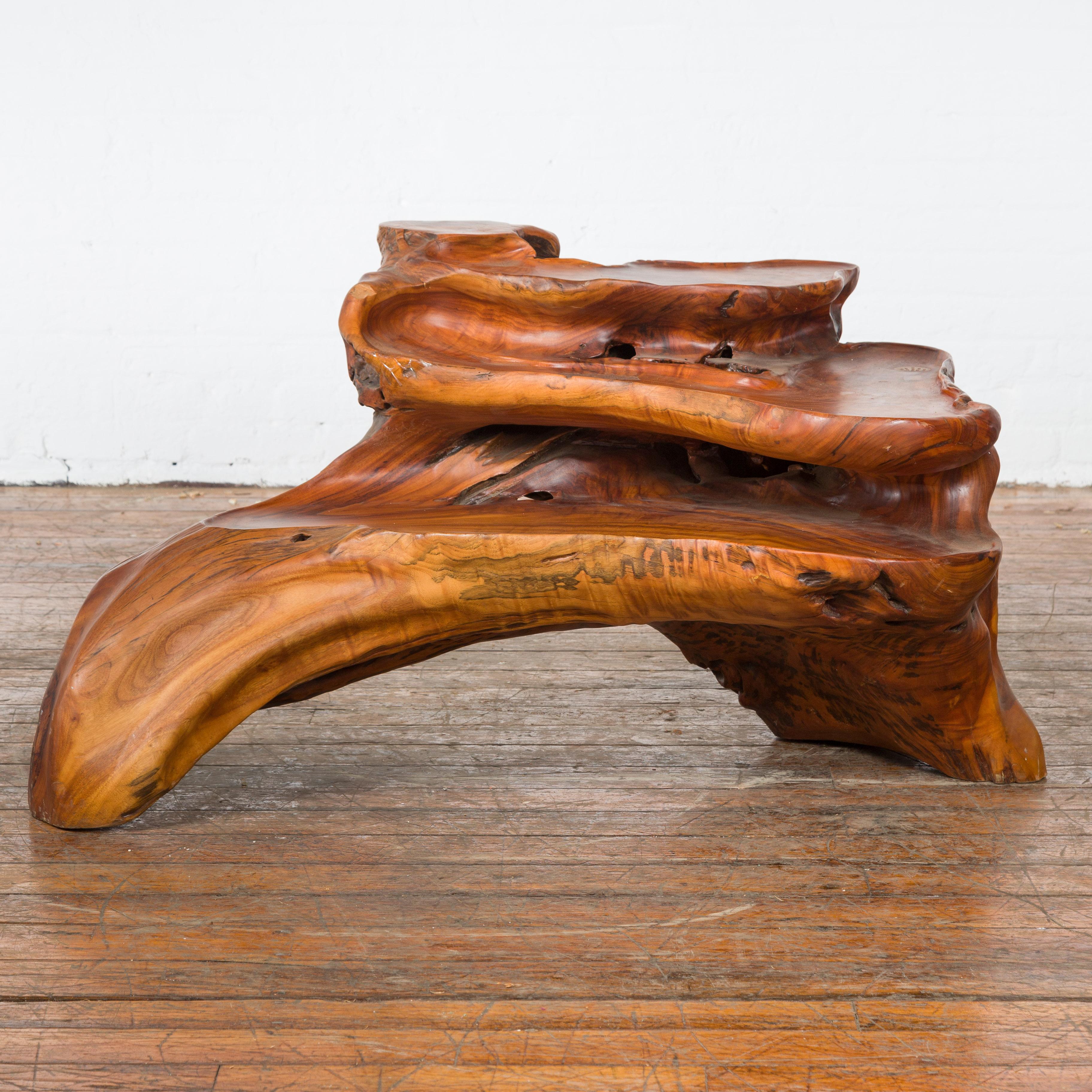 An Indonesian lacquered root stand from the 20th century drilled to work as a fountain. Created in Indonesia during the 20th century, this stand captures our attention with its root structure and its warm patina. Drilled to be used as a fountain