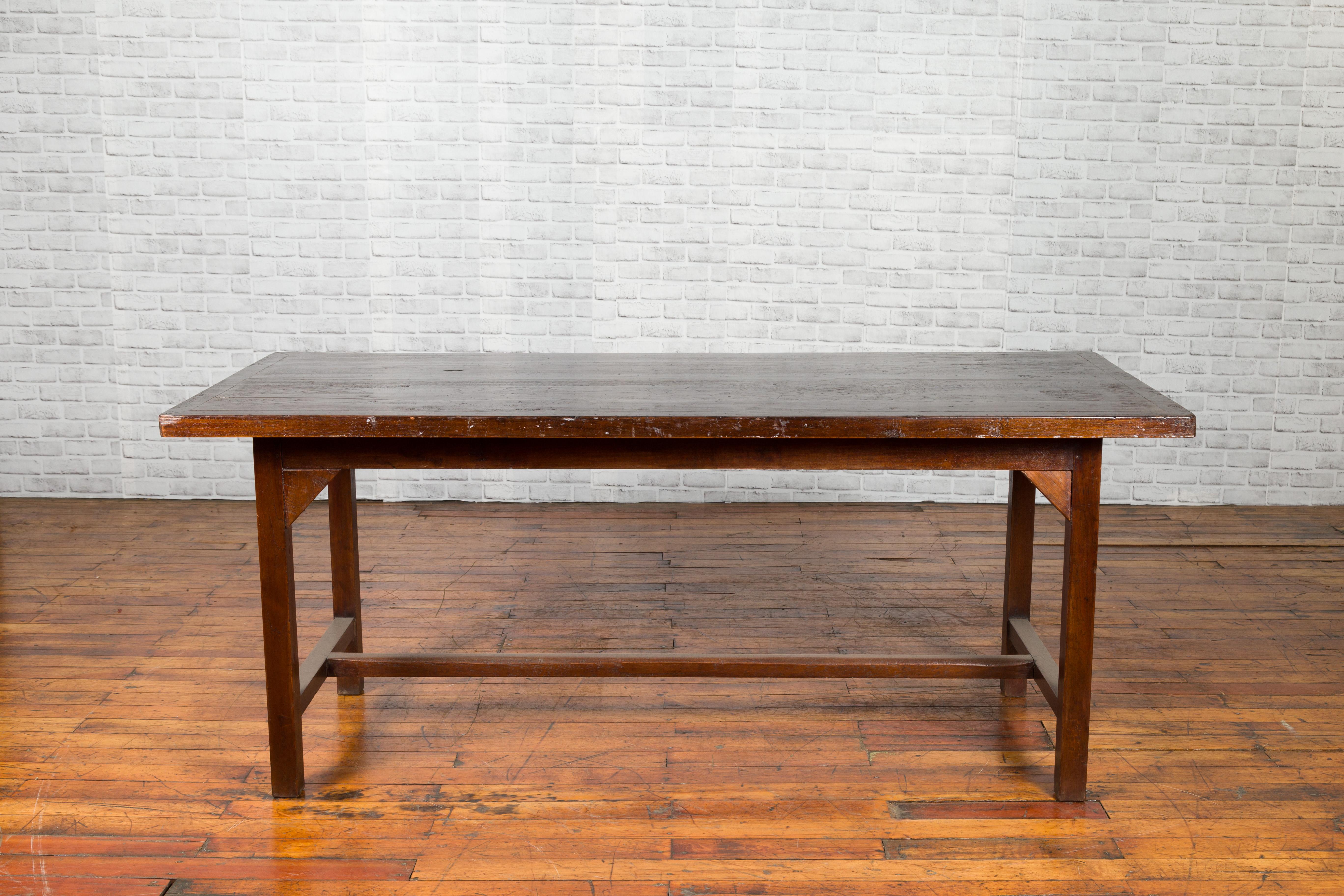 Indonesian 20th Century Table with Dark Brown Patina and H-Form Stretcher 7