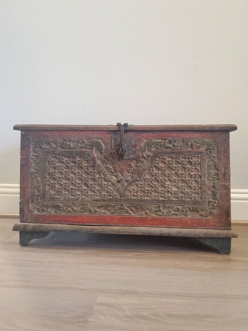 Indonesian Antique Carved and Painted Storage Trunk 3
