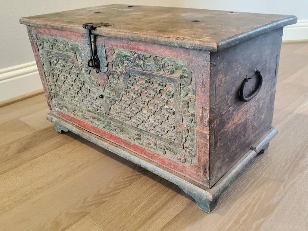 Hand-Carved Indonesian Antique Carved and Painted Storage Trunk