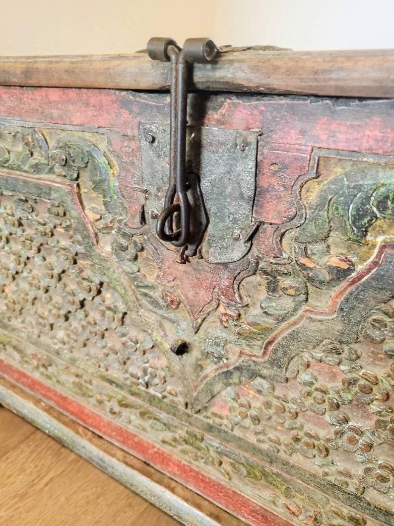 Iron Indonesian Antique Carved and Painted Storage Trunk