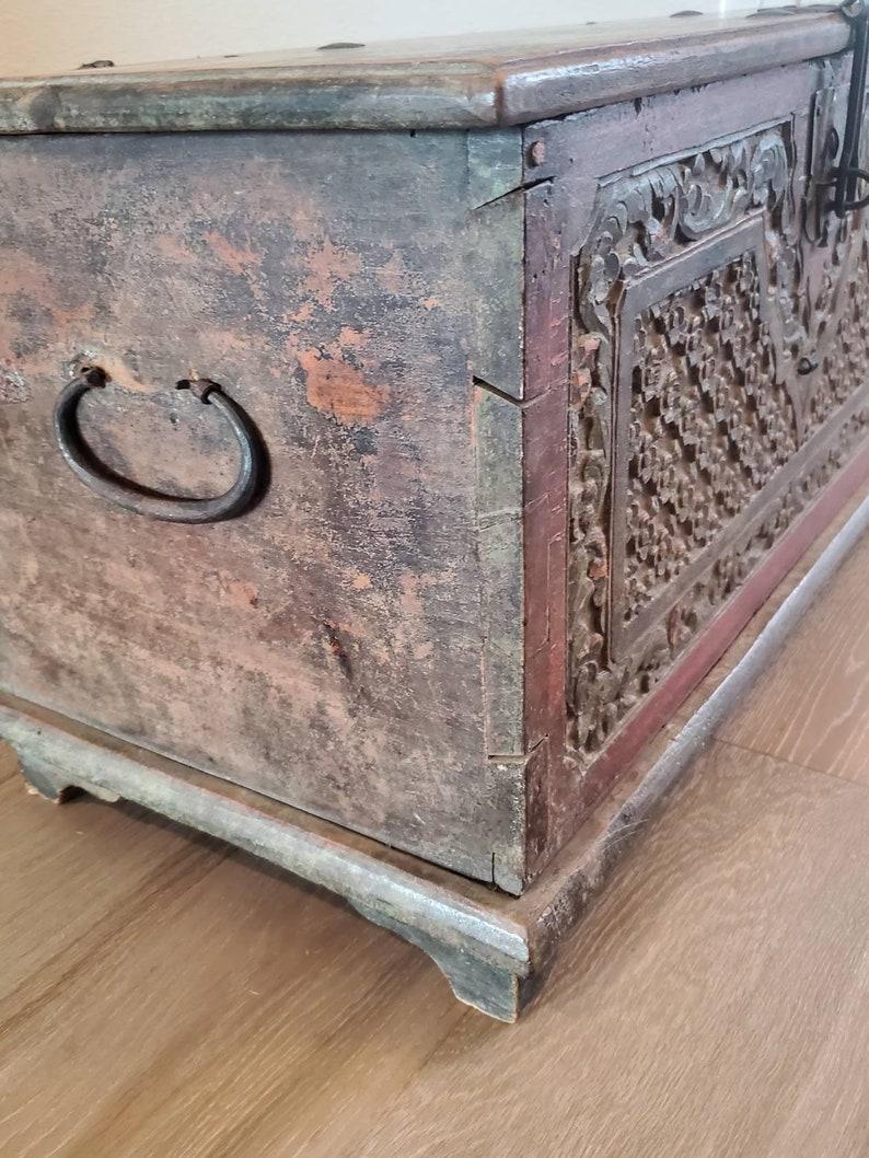 Indonesian Antique Carved and Painted Storage Trunk 1