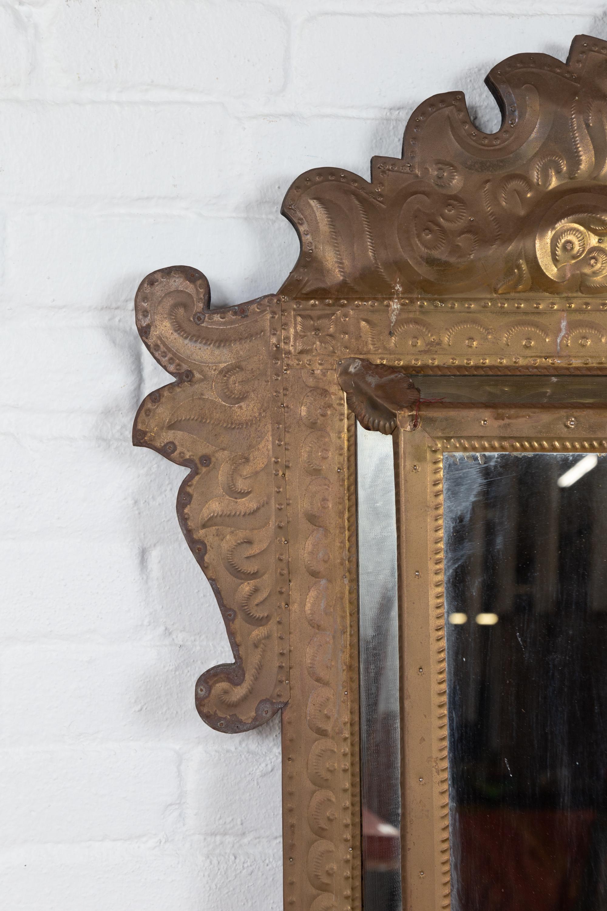 Indonesian Antique Repoussé Brass Pareclose Mirror with Flamboyant Crest 1