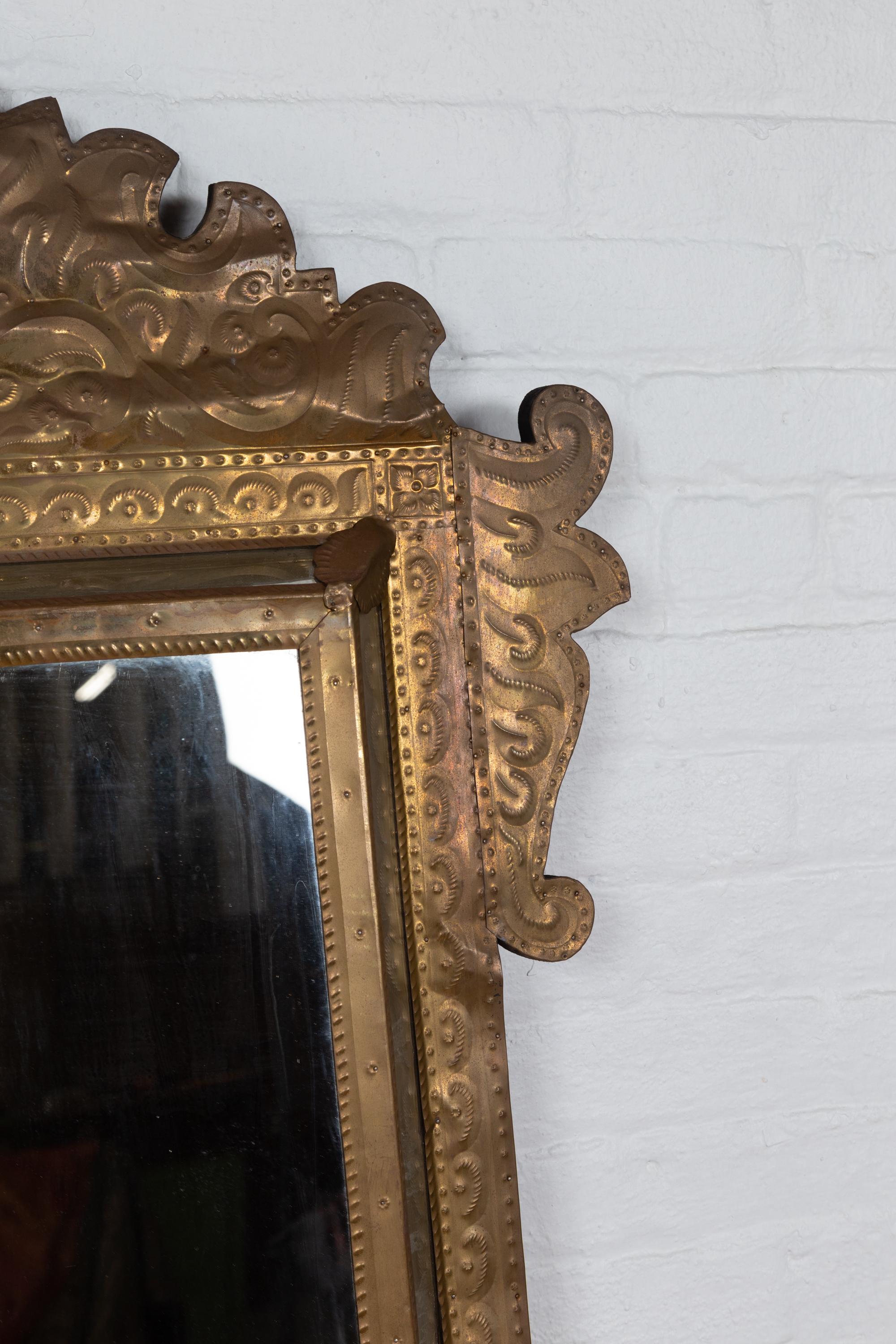 Indonesian Antique Repoussé Brass Pareclose Mirror with Flamboyant Crest 2