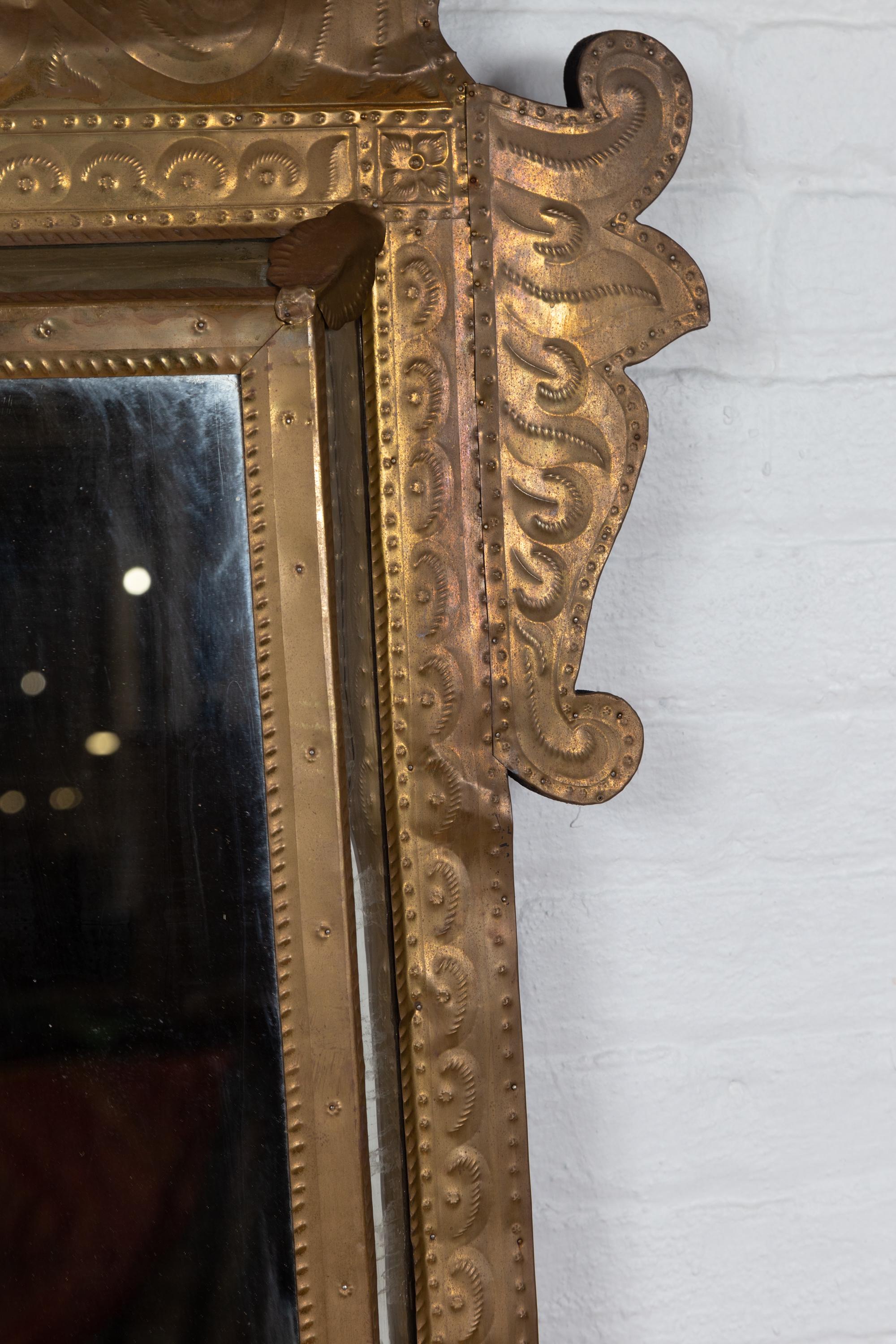Indonesian Antique Repoussé Brass Pareclose Mirror with Flamboyant Crest 5