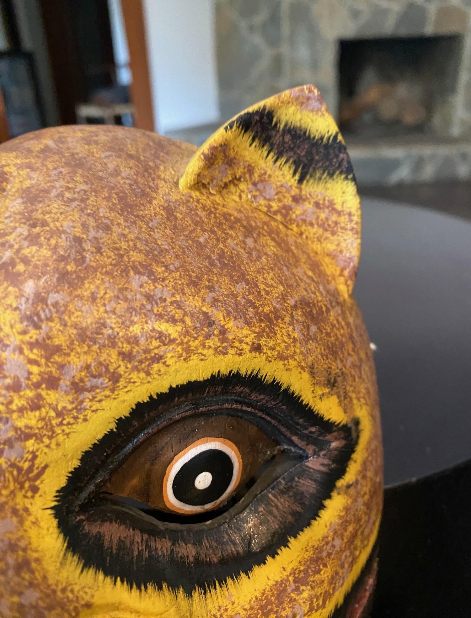 Indonesian Asian Javanese Hand Carved Painted Wood Jaguar or Mythical Cat Mask For Sale 4