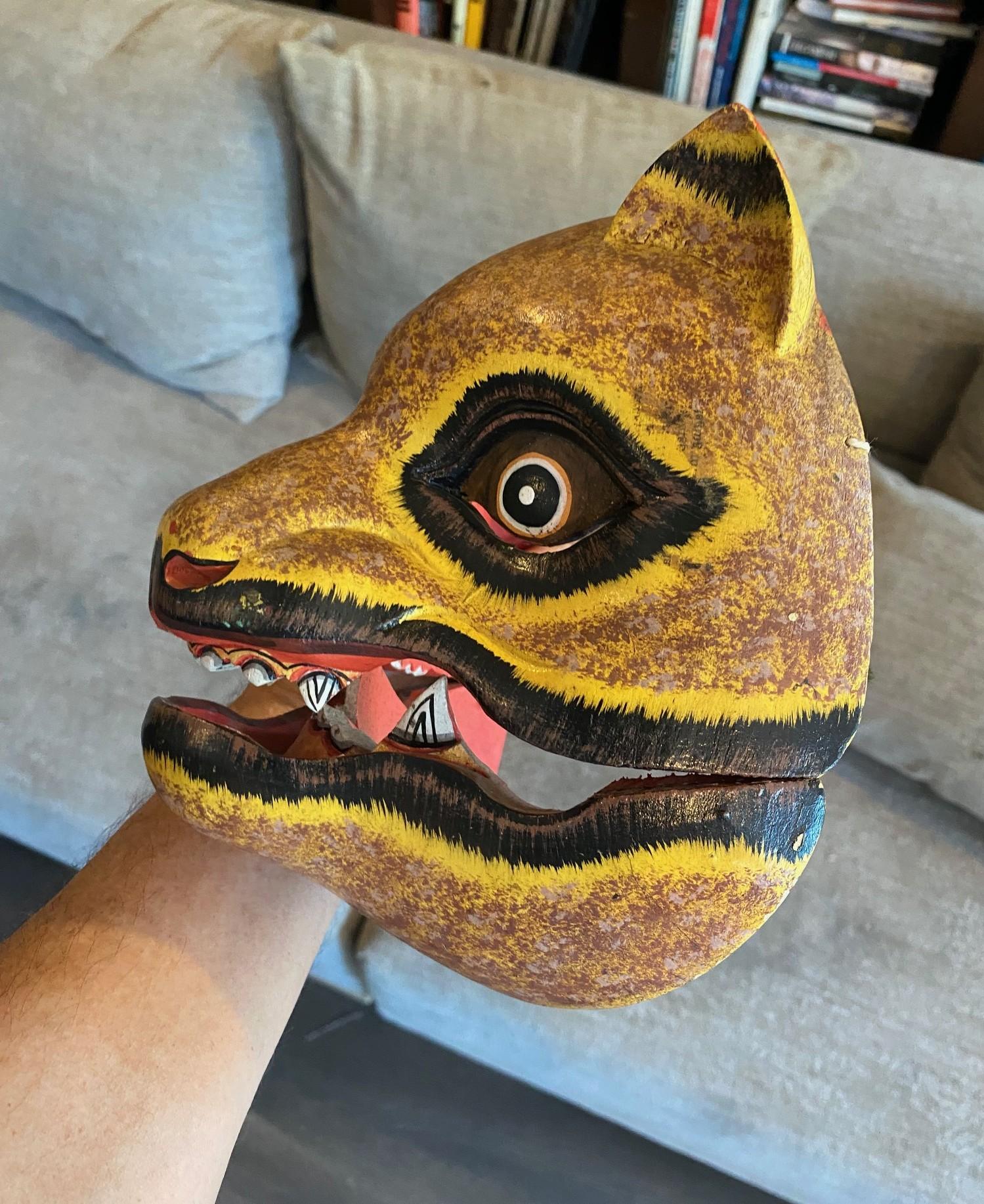 Indonesian Asian Javanese Hand Carved Painted Wood Jaguar or Mythical Cat Mask For Sale 5