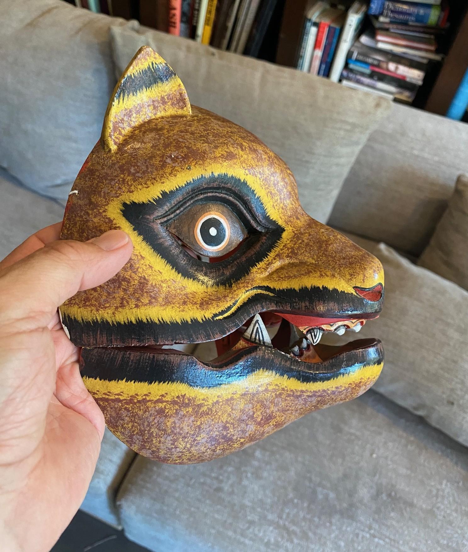 Indonesian Asian Javanese Hand Carved Painted Wood Jaguar or Mythical Cat Mask For Sale 6