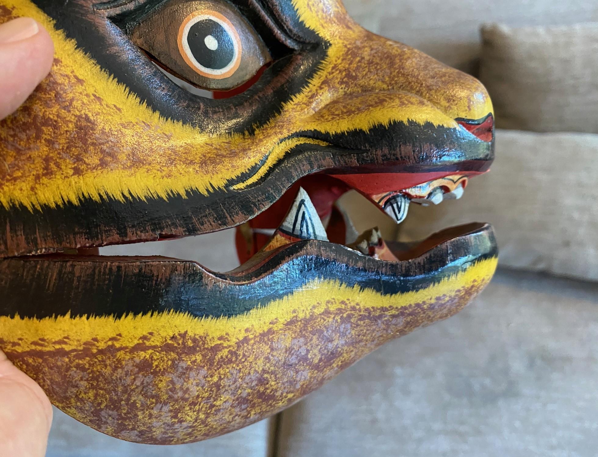 Indonesian Asian Javanese Hand Carved Painted Wood Jaguar or Mythical Cat Mask For Sale 7