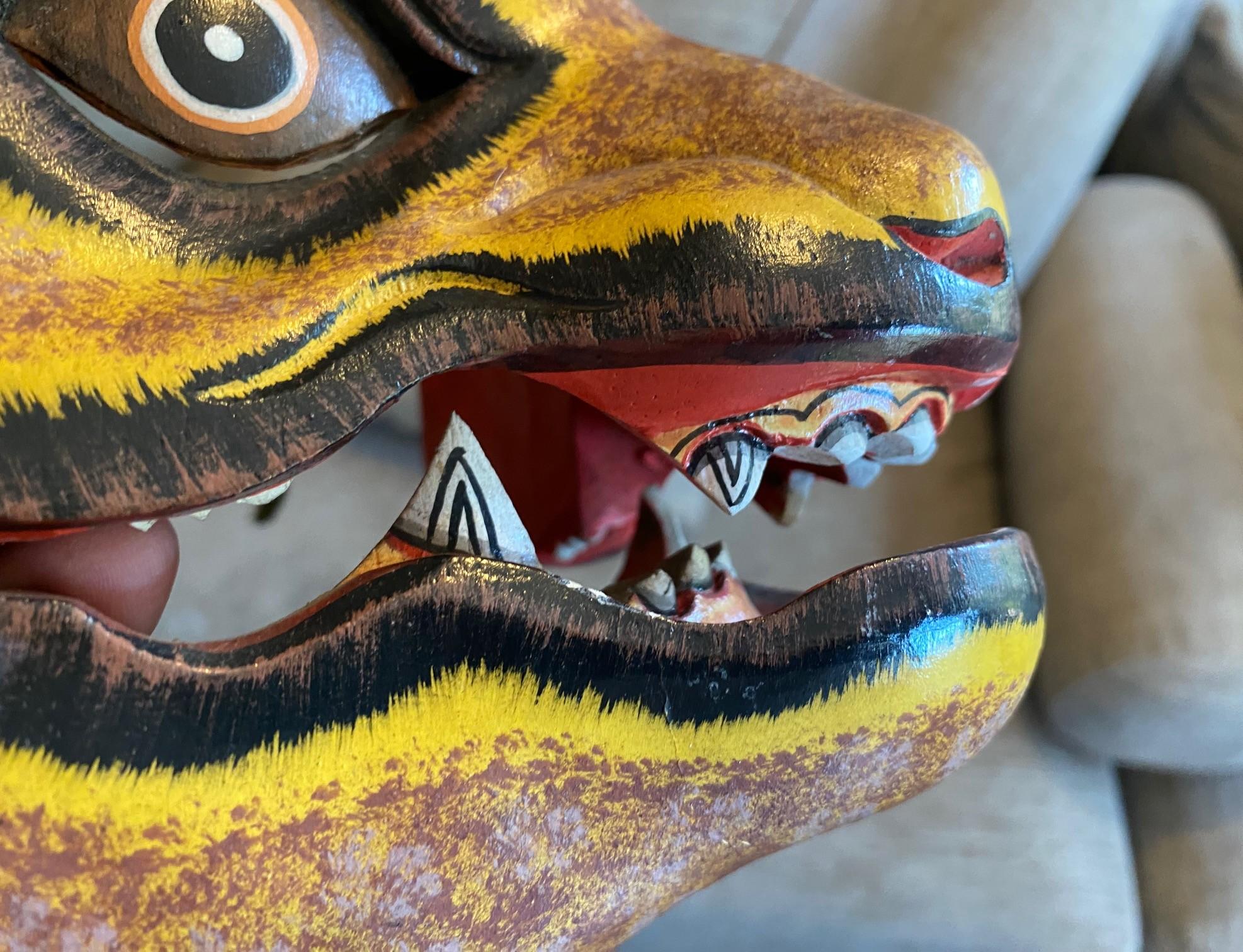 Indonesian Asian Javanese Hand Carved Painted Wood Jaguar or Mythical Cat Mask For Sale 8