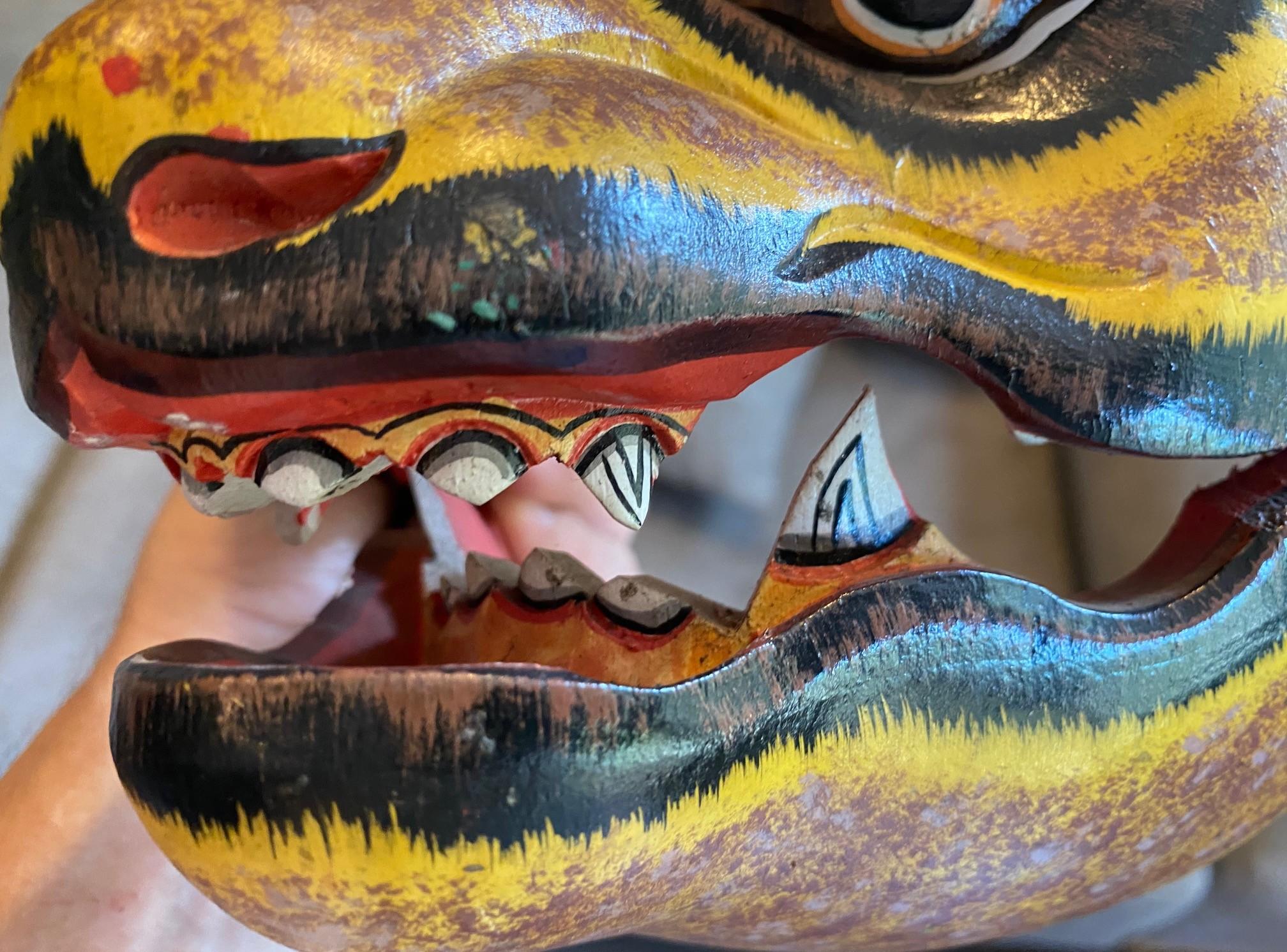 Indonesian Asian Javanese Hand Carved Painted Wood Jaguar or Mythical Cat Mask For Sale 9