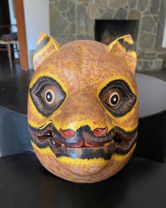 Indonesian Asian Javanese Hand Carved Painted Wood Jaguar or Mythical Cat Mask