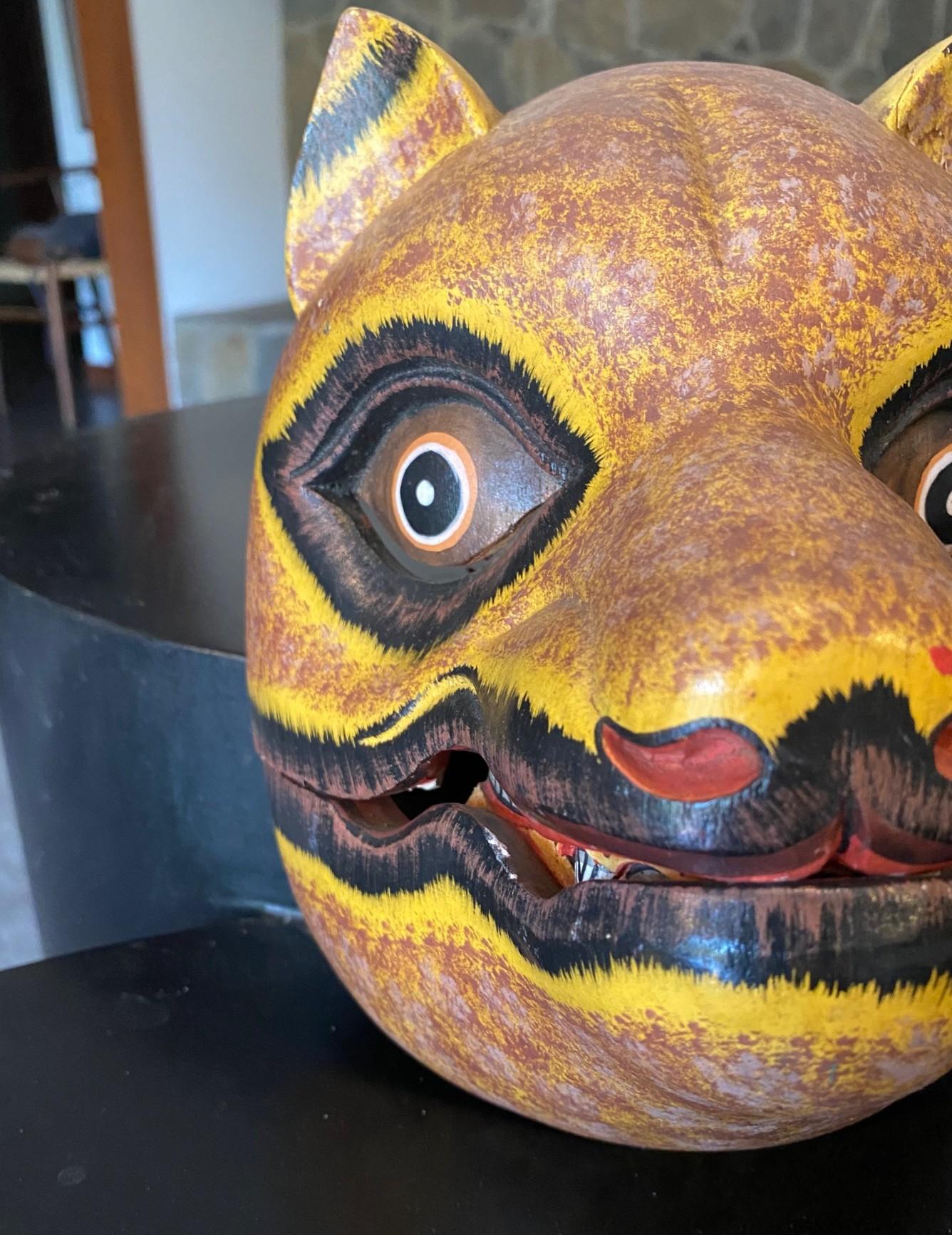 Folk Art Indonesian Asian Javanese Hand Carved Painted Wood Jaguar or Mythical Cat Mask For Sale