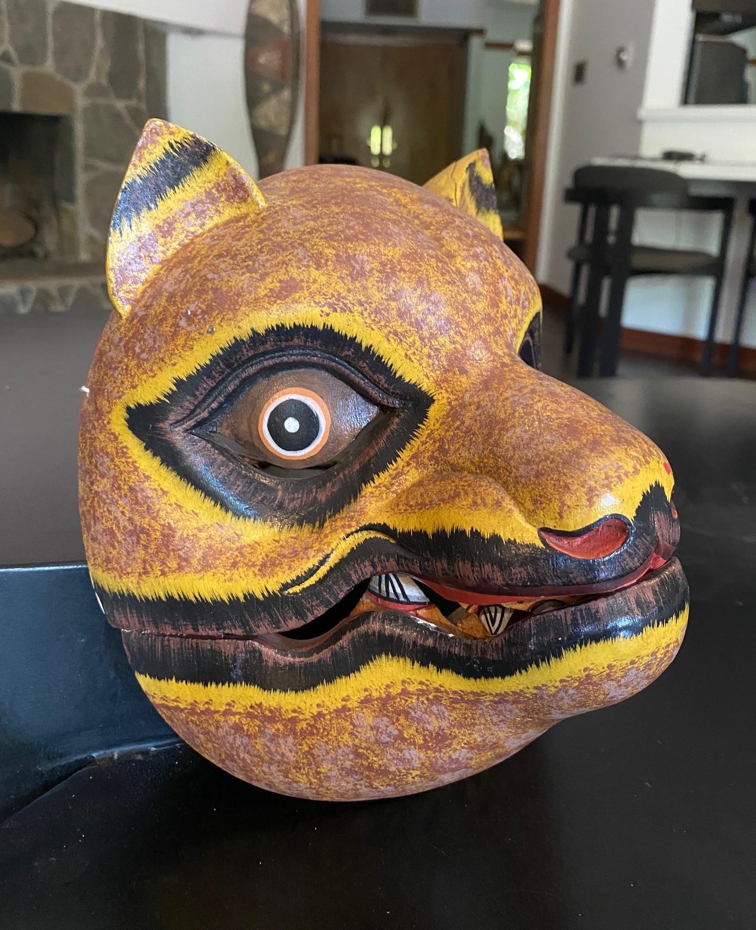 20th Century Indonesian Asian Javanese Hand Carved Painted Wood Jaguar or Mythical Cat Mask For Sale