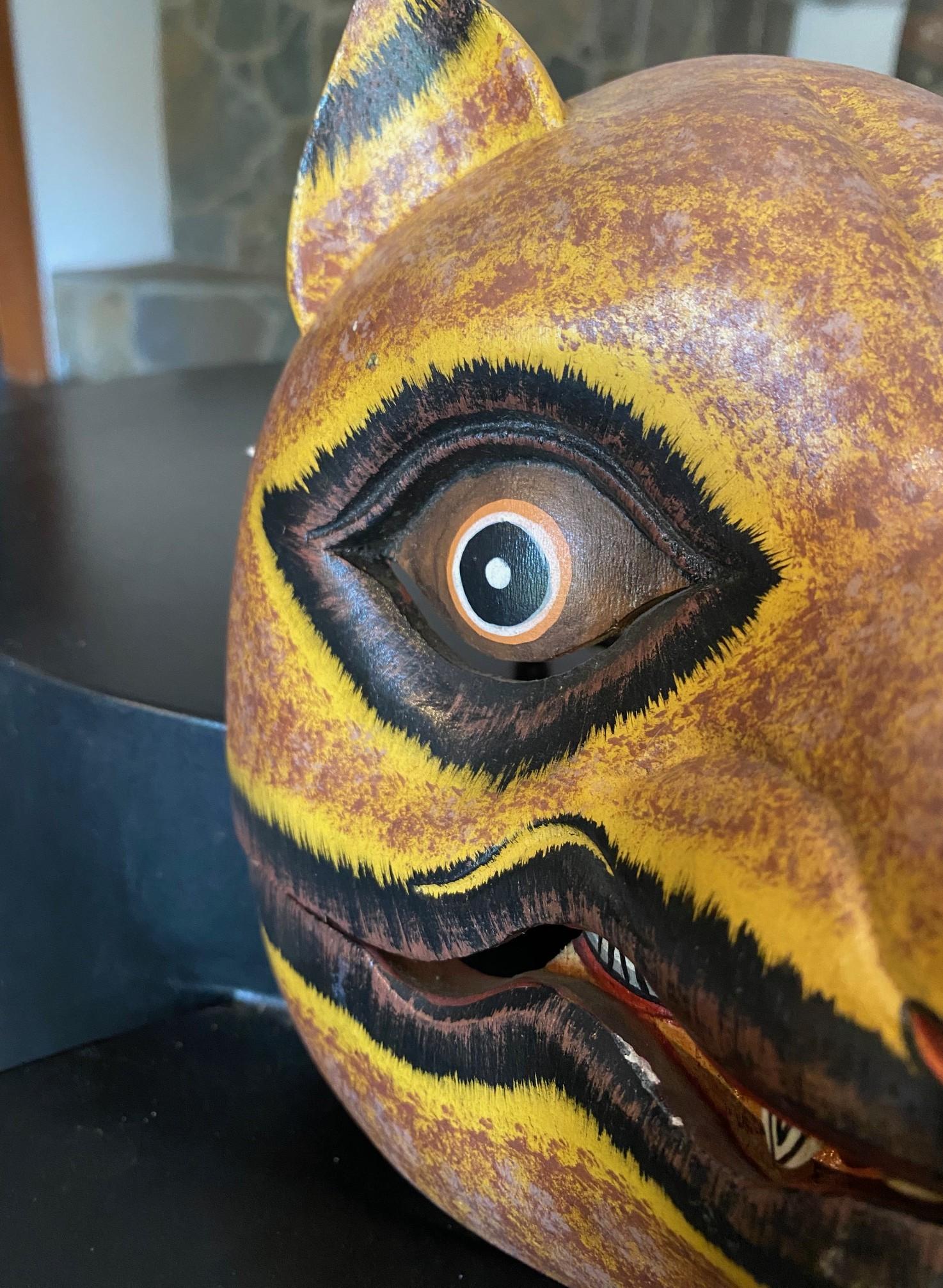 Indonesian Asian Javanese Hand Carved Painted Wood Jaguar or Mythical Cat Mask For Sale 1