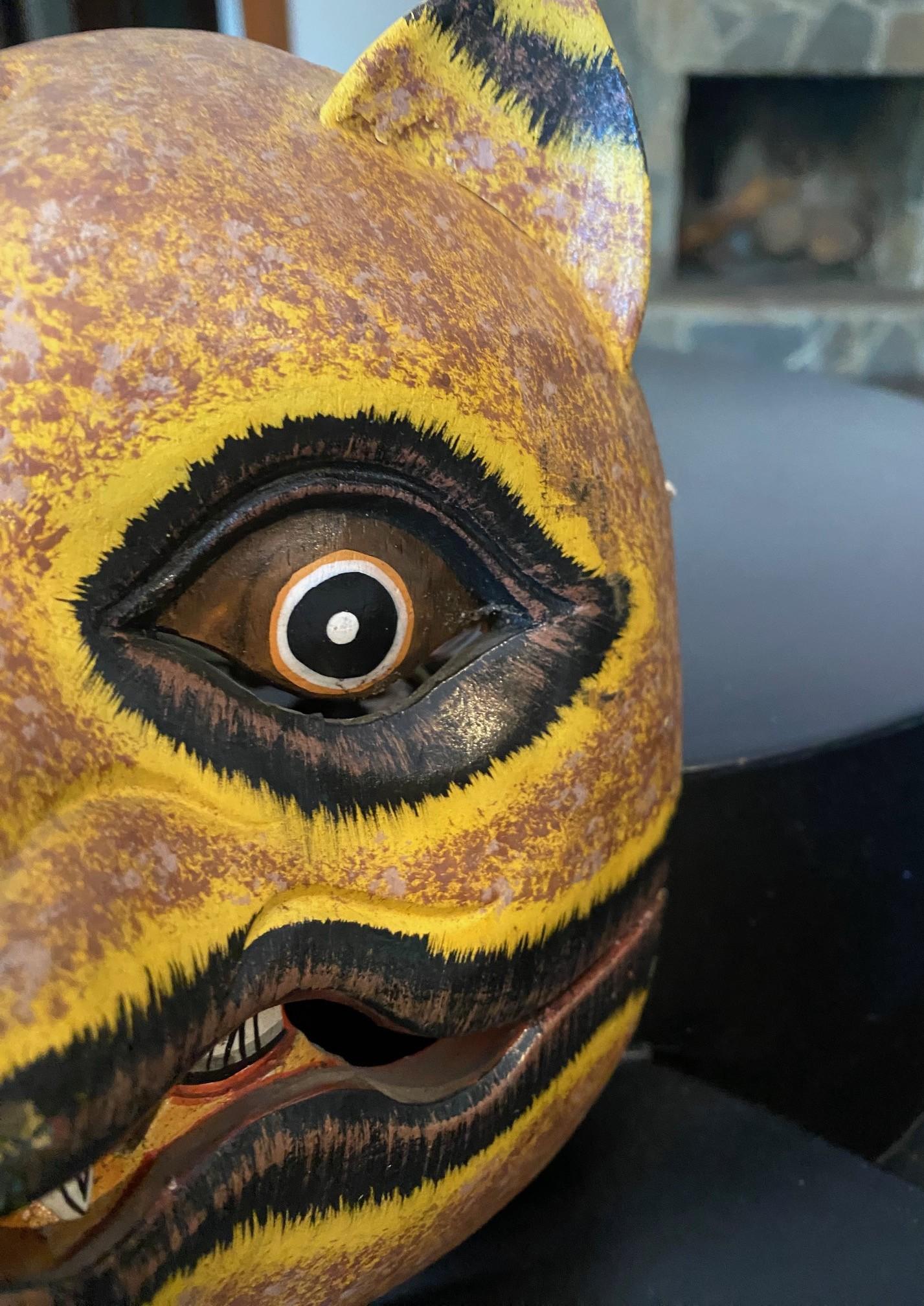Indonesian Asian Javanese Hand Carved Painted Wood Jaguar or Mythical Cat Mask For Sale 2