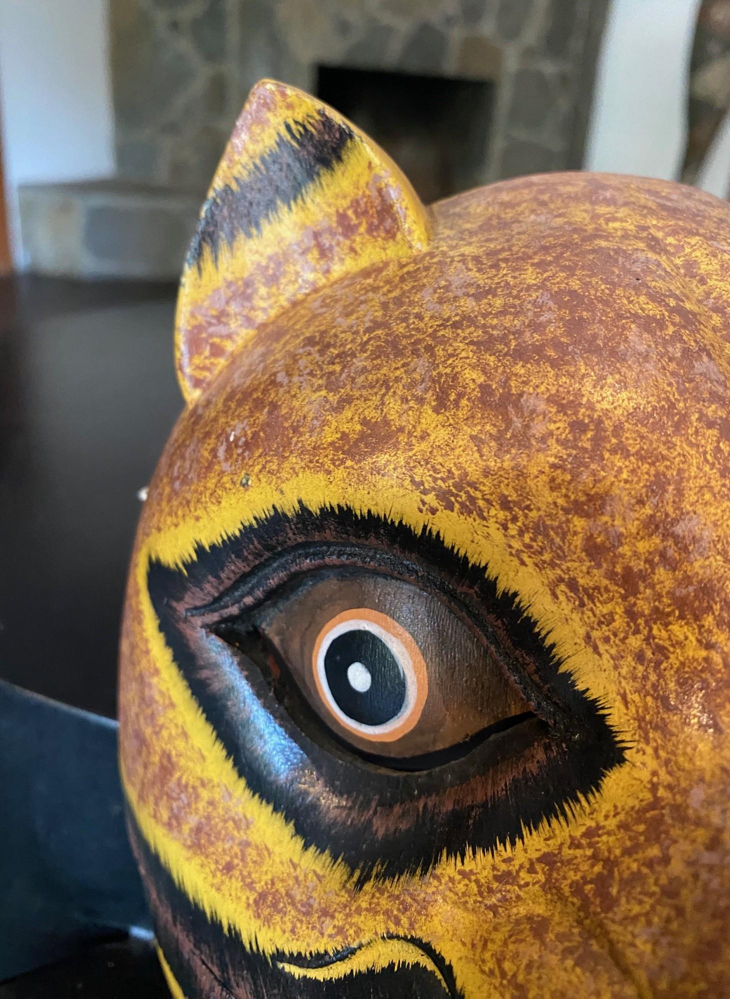 Indonesian Asian Javanese Hand Carved Painted Wood Jaguar or Mythical Cat Mask For Sale 3