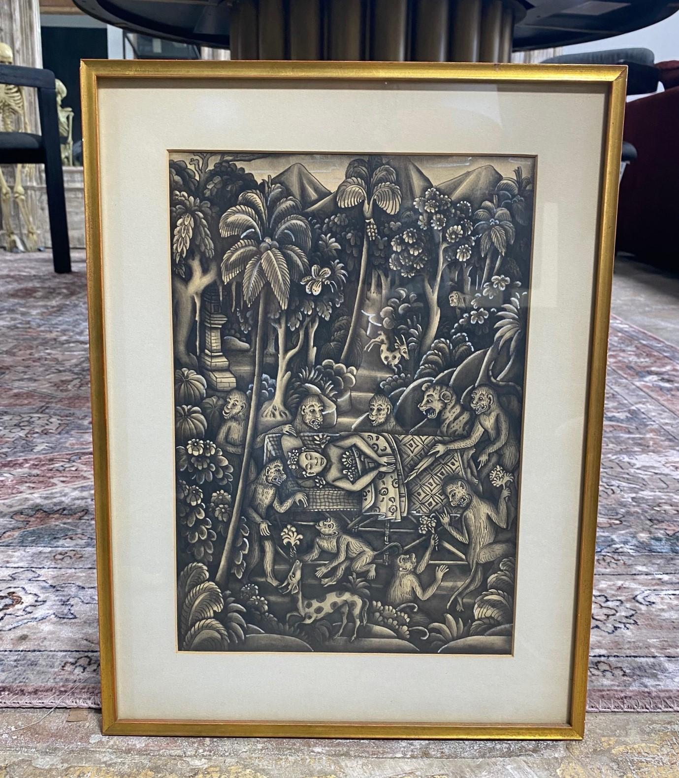 A gorgeous and whimsical original Indonesian/Balinese monochrome black, grey, and white painting. The work features a beautiful scene of a woman being carried through the jungle by various wild and indigenous animals. This is either some grand