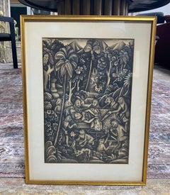 Indonesian Balinese Folk Art Dream Time Jungle Original Monochrome Painting