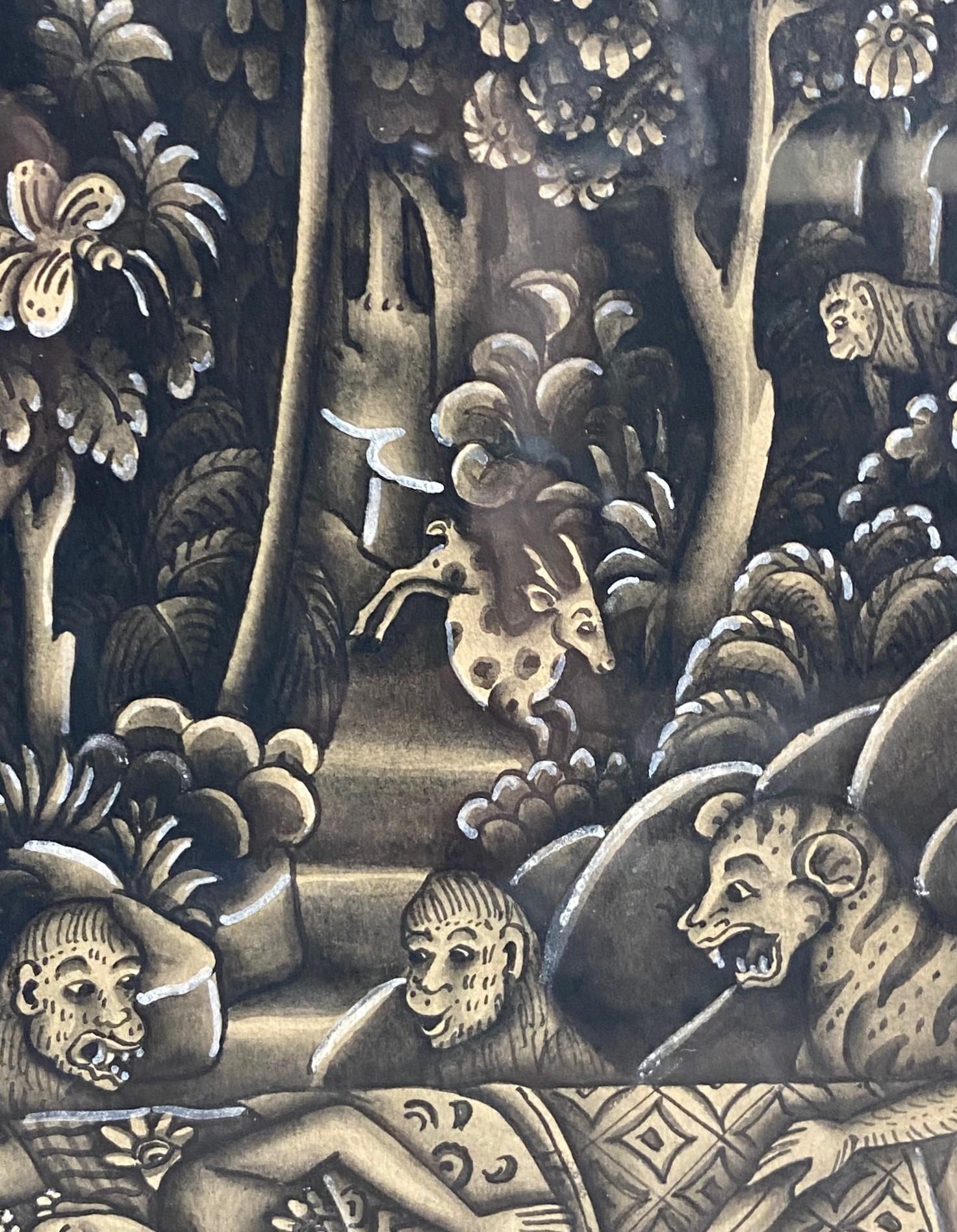 Indonesian Balinese Folk Art Dream Time Jungle Original Monochrome Painting 1