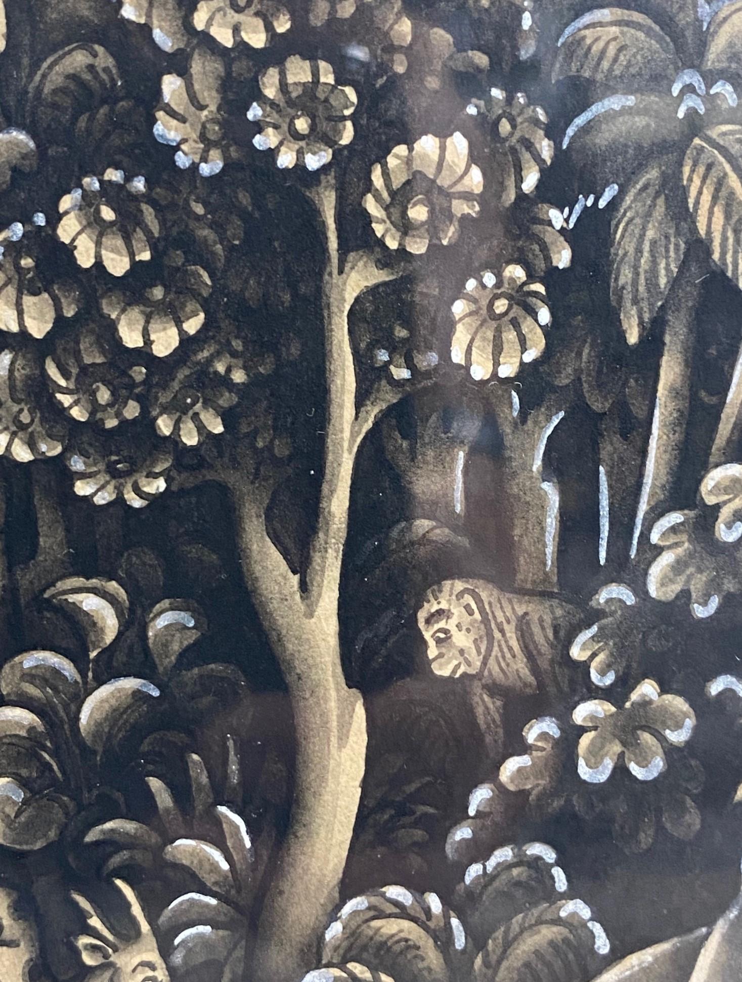 Indonesian Balinese Folk Art Dream Time Jungle Original Monochrome Painting 4